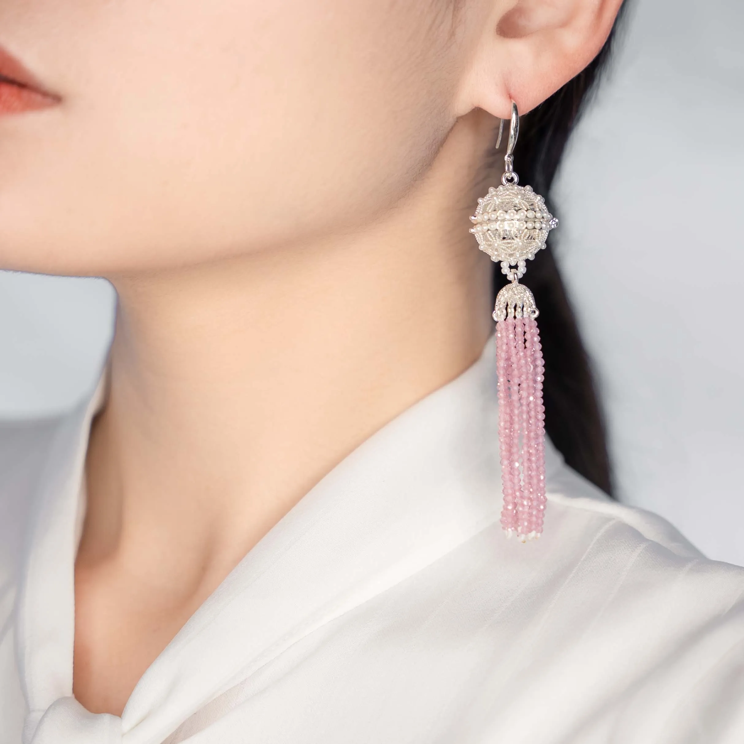 Herbal Locket Crystal Tassel Earrings - Pink Zirconia