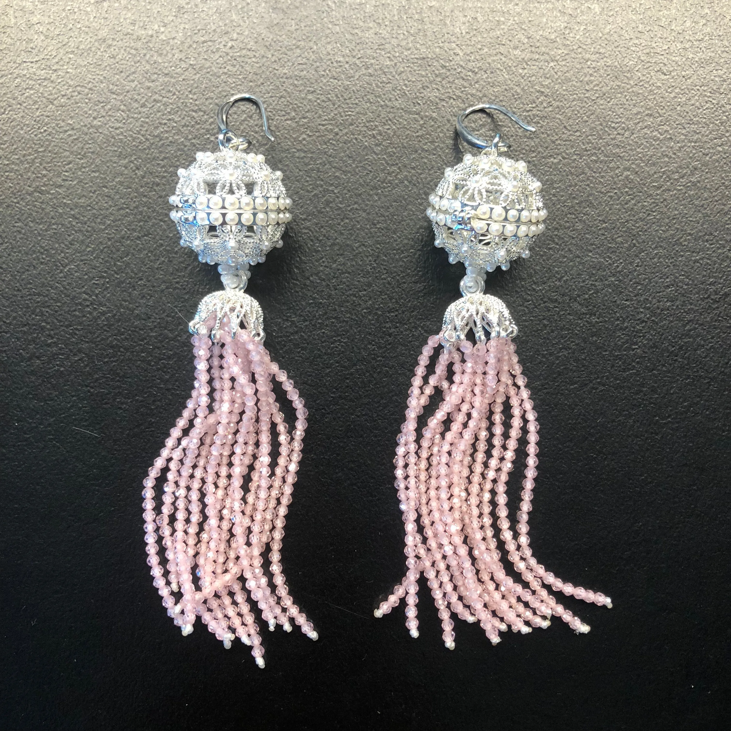 Herbal Locket Crystal Tassel Earrings - Pink Zirconia