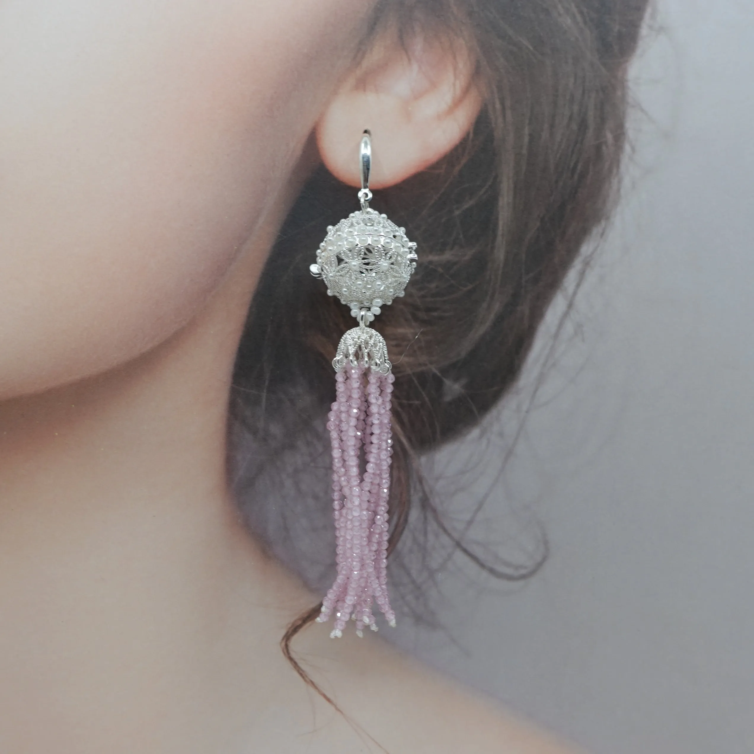 Herbal Locket Crystal Tassel Earrings - Pink Zirconia