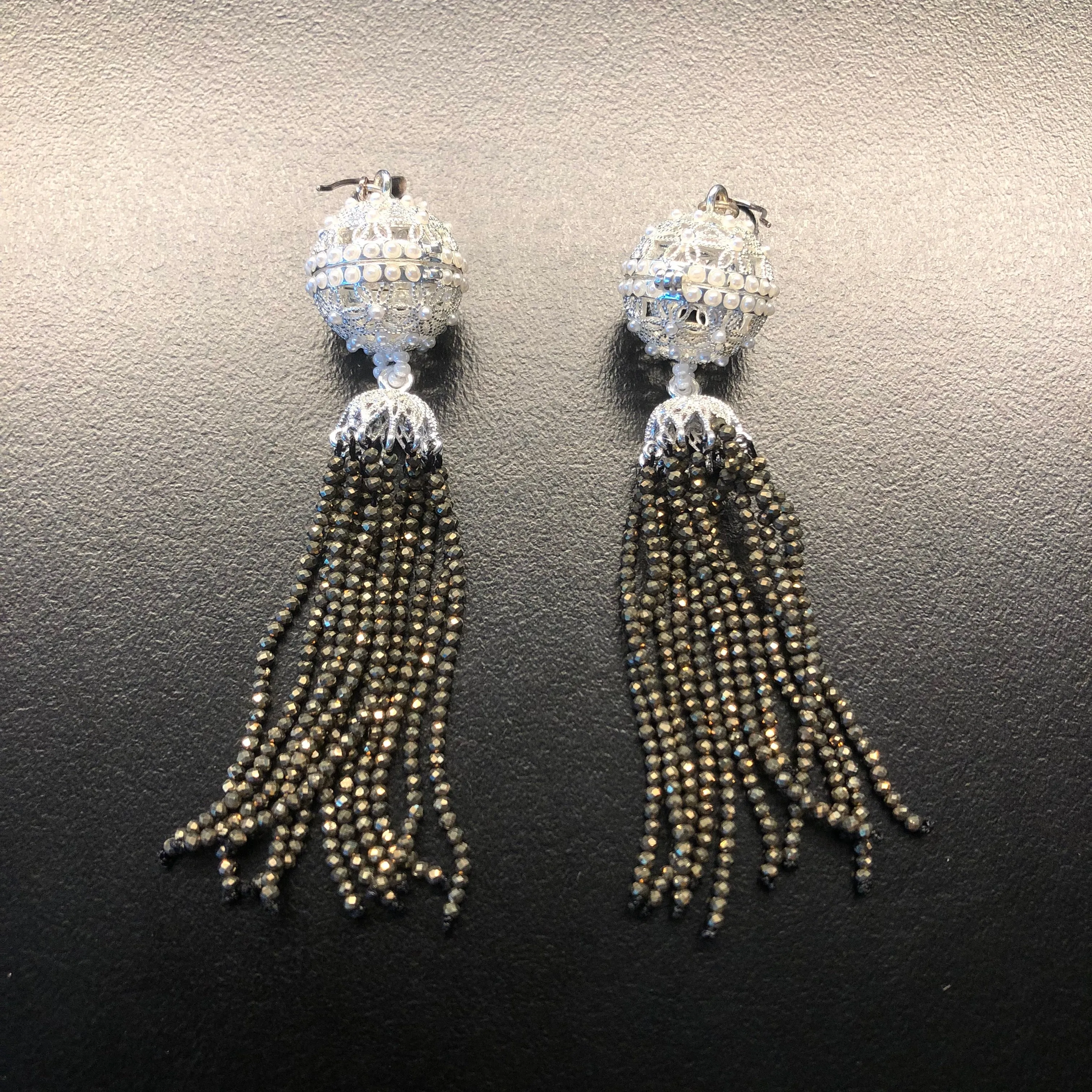 Herbal Locket Crystal Tassel Earrings - Pyrite Stone