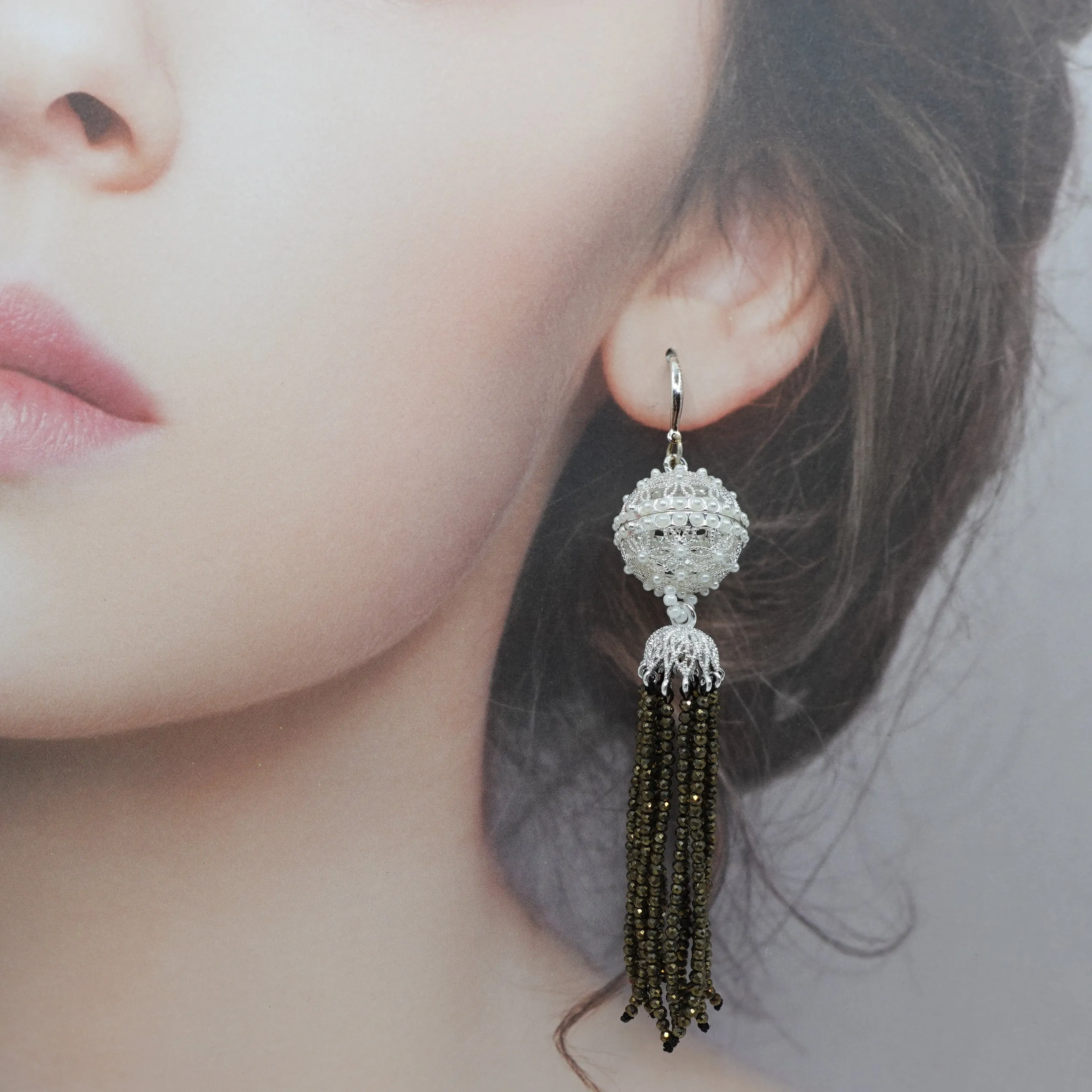 Herbal Locket Crystal Tassel Earrings - Pyrite Stone