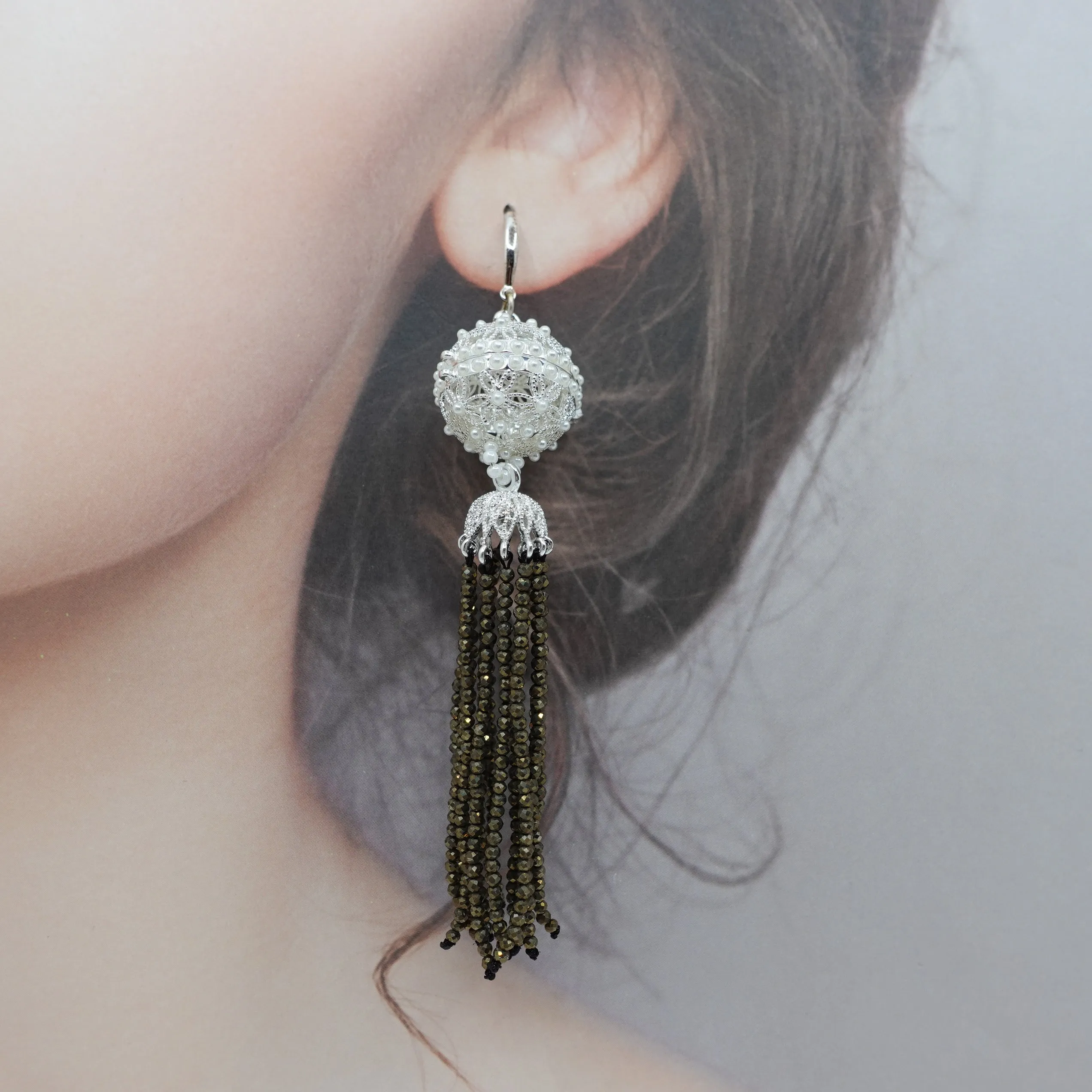 Herbal Locket Crystal Tassel Earrings - Pyrite Stone