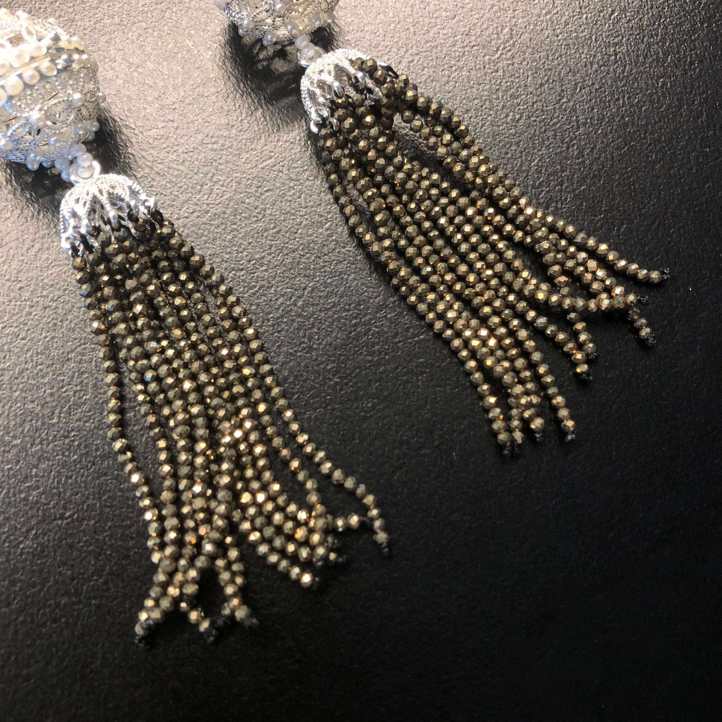 Herbal Locket Crystal Tassel Earrings - Pyrite Stone