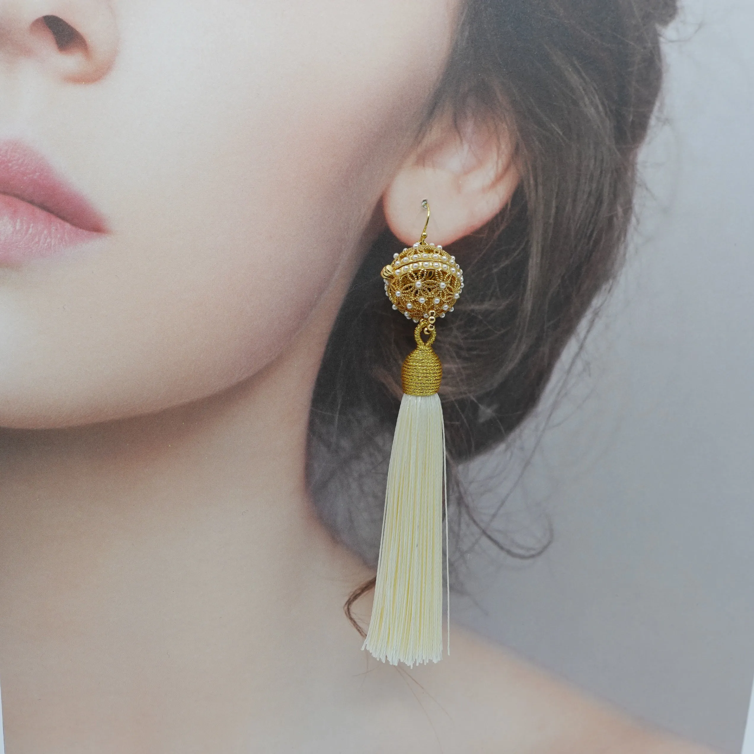 Herbal Locket Silk Tassel Earrings - Creamy White