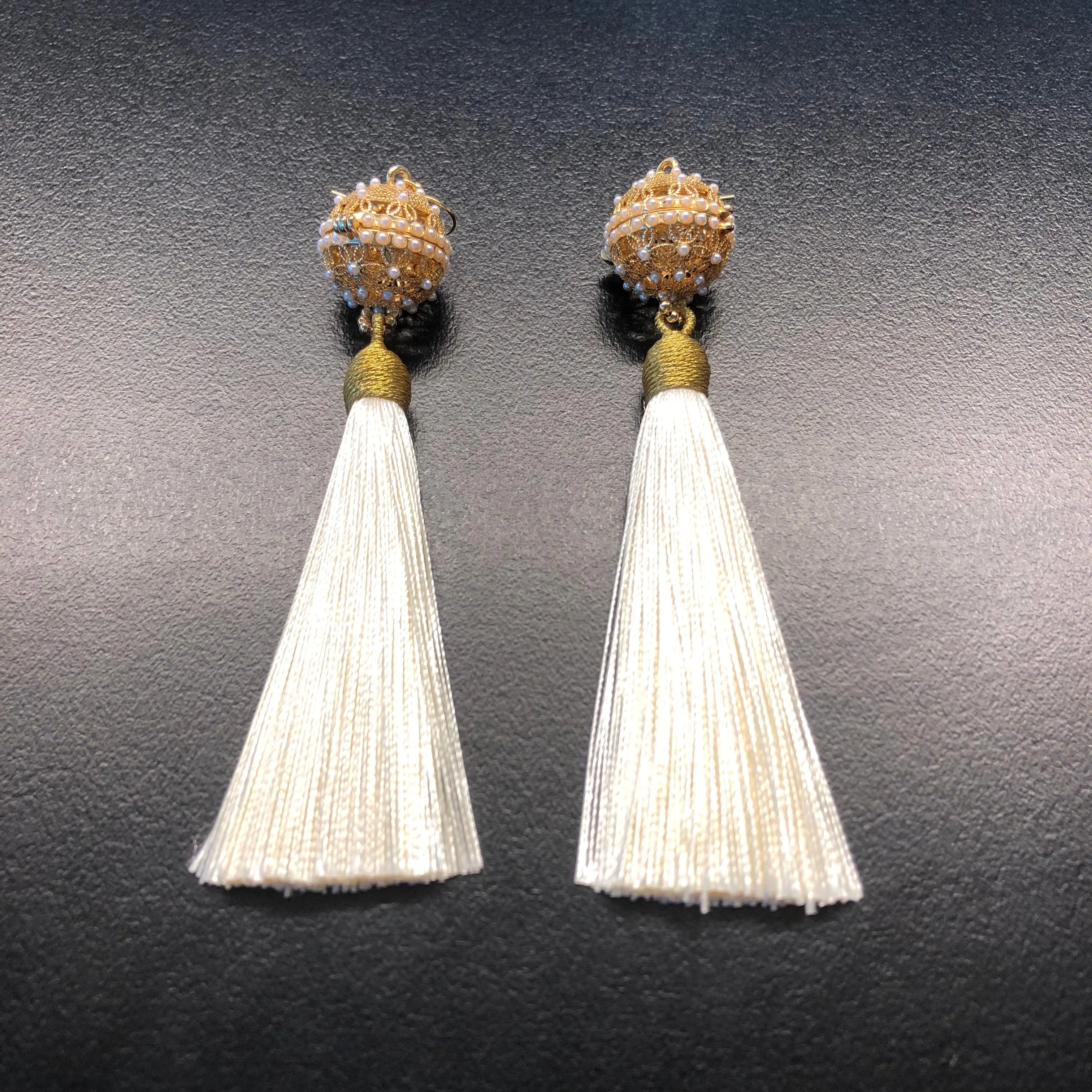 Herbal Locket Silk Tassel Earrings - Creamy White