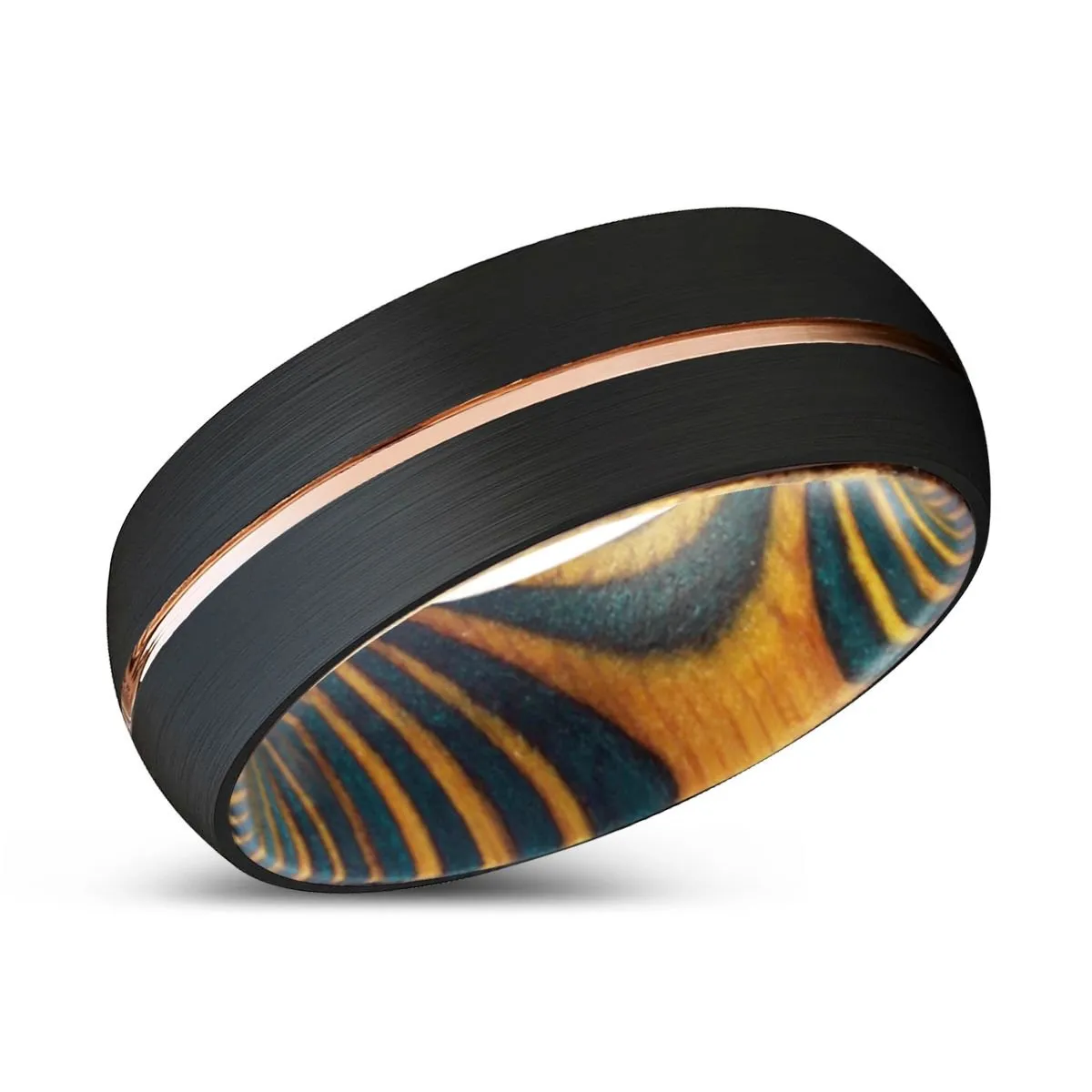 HERMEN | Green & Yellow Wood, Black Tungsten Ring, Rose Gold Groove, Domed