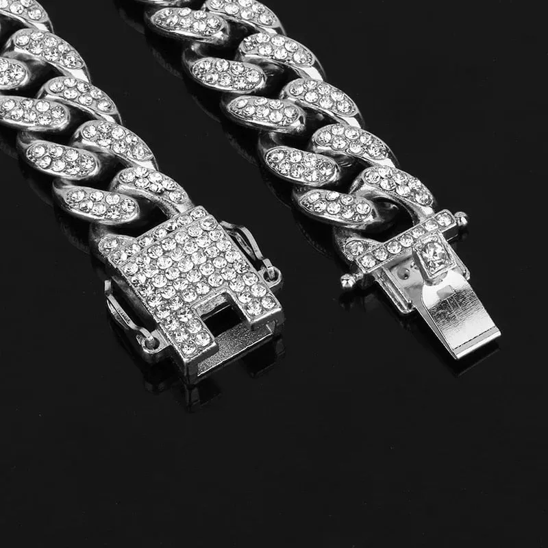 Hip Hop Cuban Link Chain For Men Iced Out Bling Cuban Chain Rhinestone