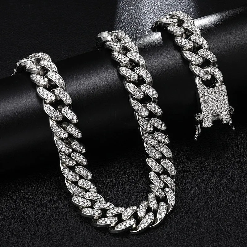 Hip Hop Cuban Link Chain For Men Iced Out Bling Cuban Chain Rhinestone