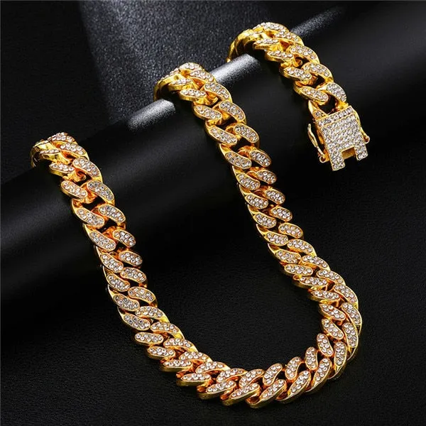 Hip Hop Cuban Link Chain For Men Iced Out Bling Cuban Chain Rhinestone