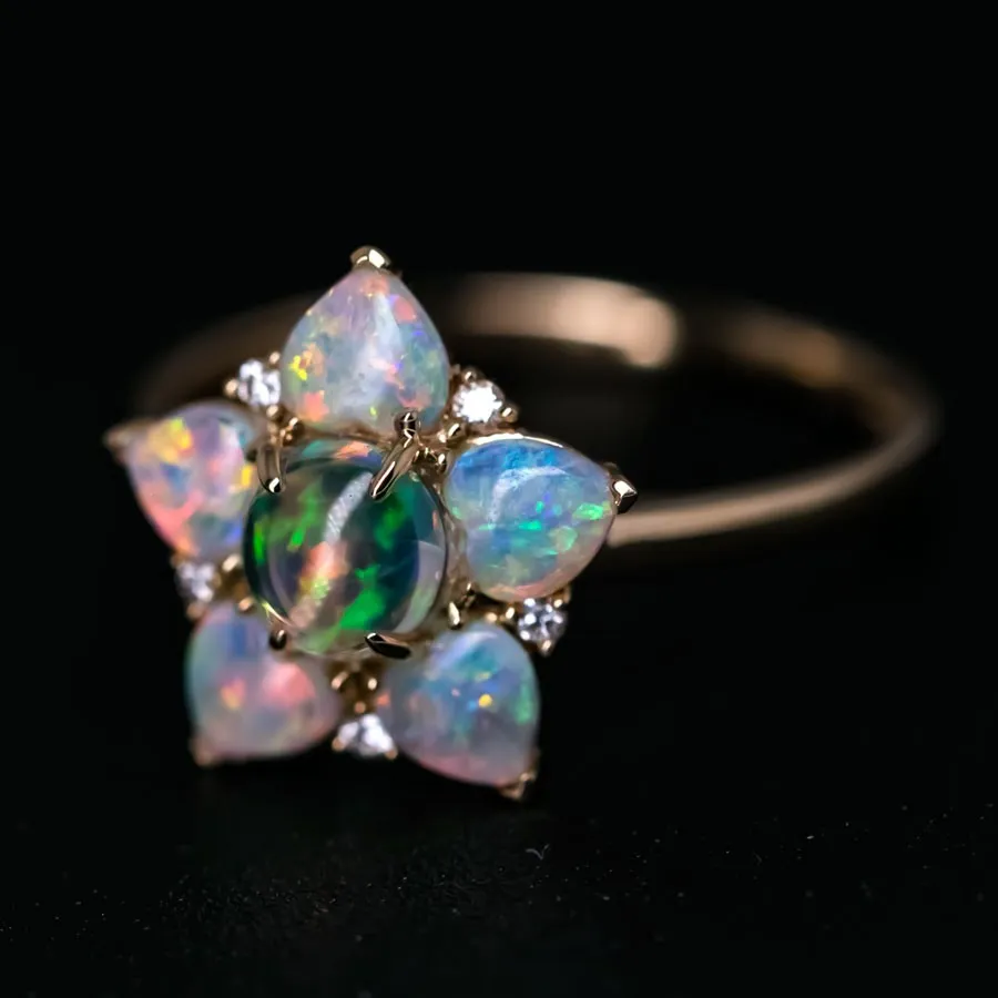 In My Heart - Fire Opal & Australian Opal Diamond Engagement Ring 18K Gold