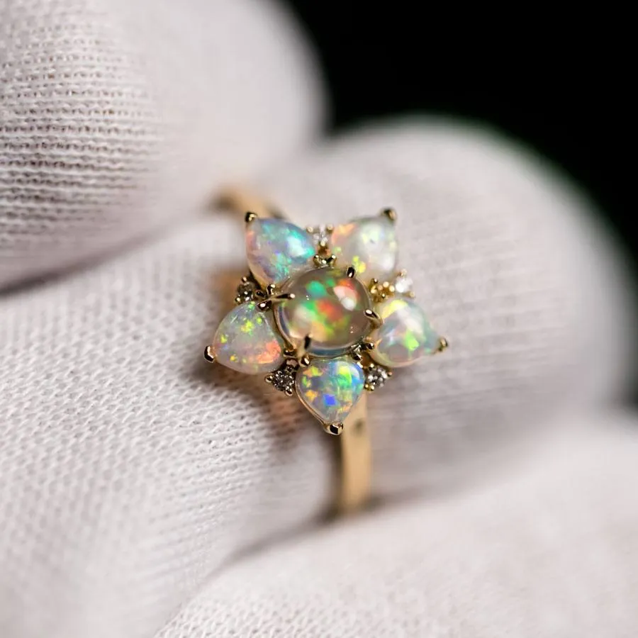 In My Heart - Fire Opal & Australian Opal Diamond Engagement Ring 18K Gold