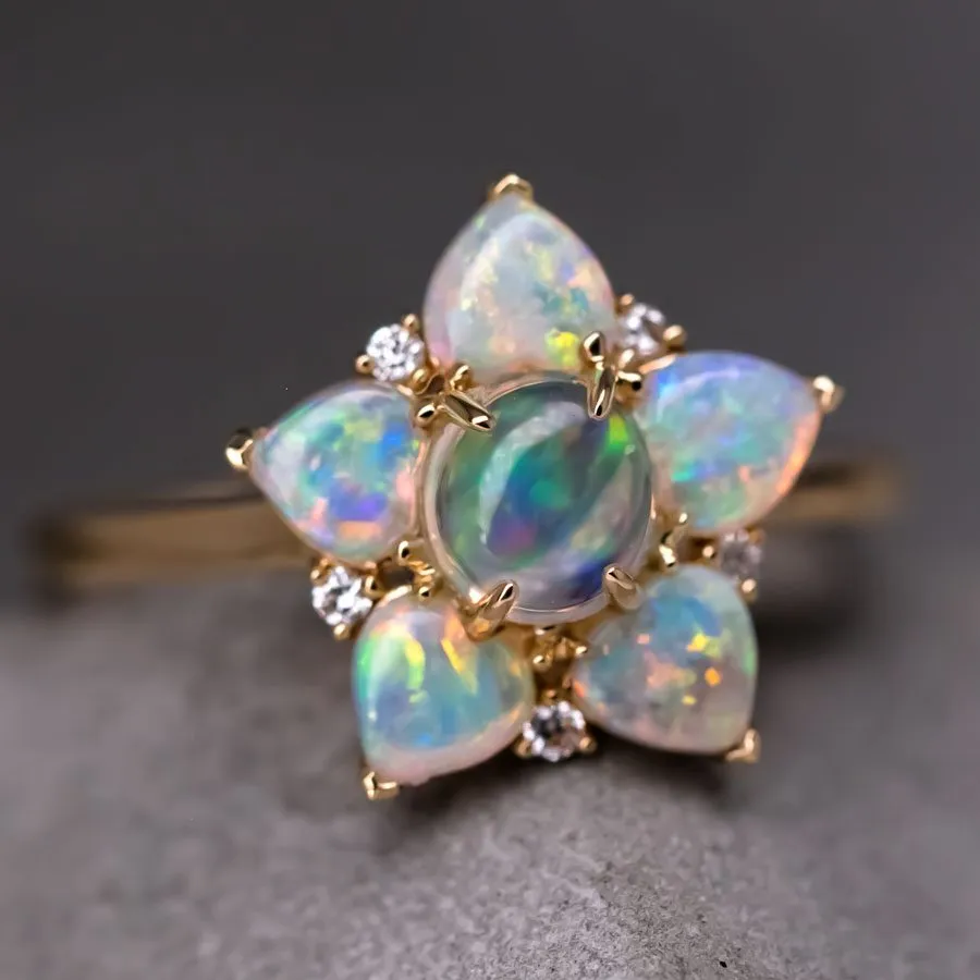 In My Heart - Fire Opal & Australian Opal Diamond Engagement Ring 18K Gold