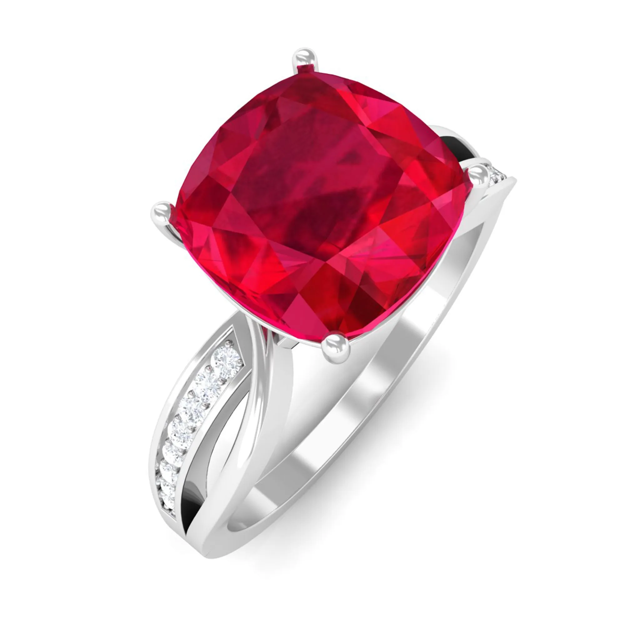 Infinity Shank Cushion Cut Created Ruby Engagement Ring with Diamond