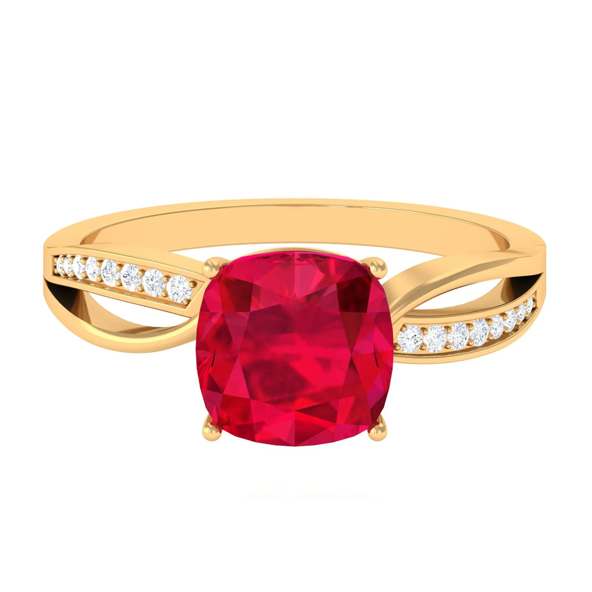 Infinity Shank Cushion Cut Created Ruby Engagement Ring with Diamond