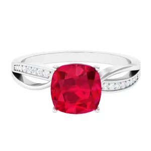 Infinity Shank Cushion Cut Created Ruby Engagement Ring with Diamond