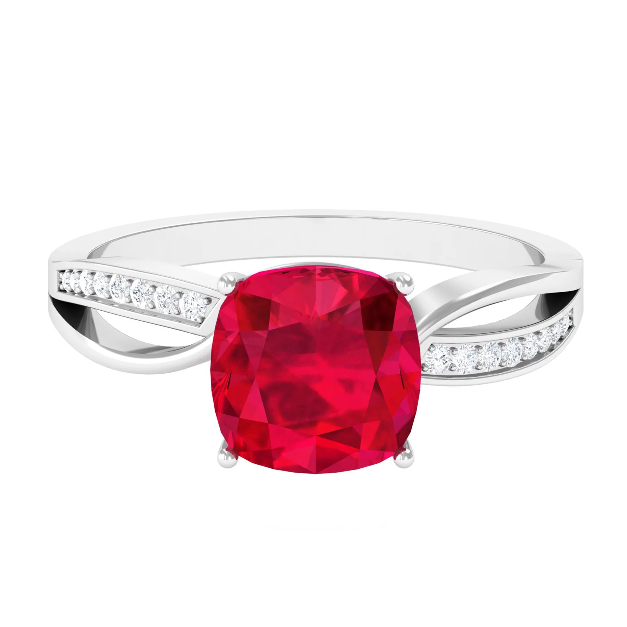 Infinity Shank Cushion Cut Created Ruby Engagement Ring with Diamond