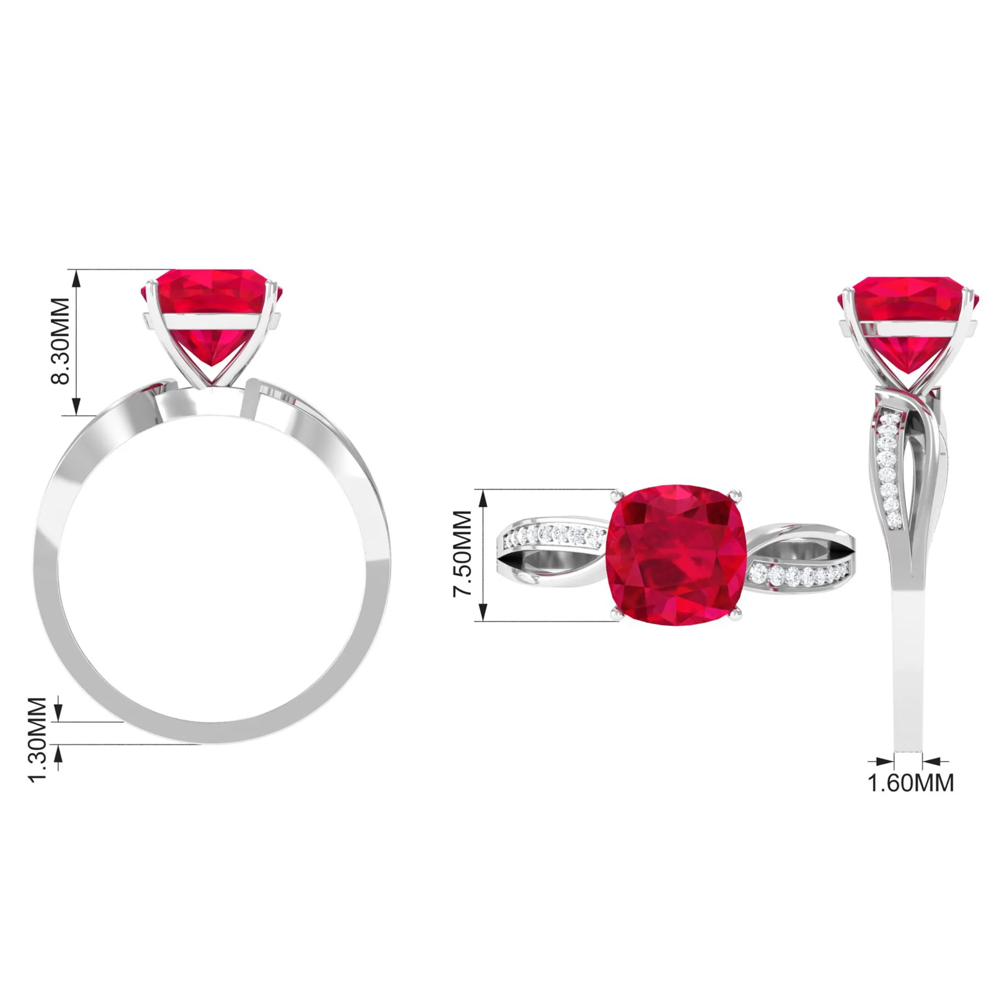 Infinity Shank Cushion Cut Created Ruby Engagement Ring with Diamond