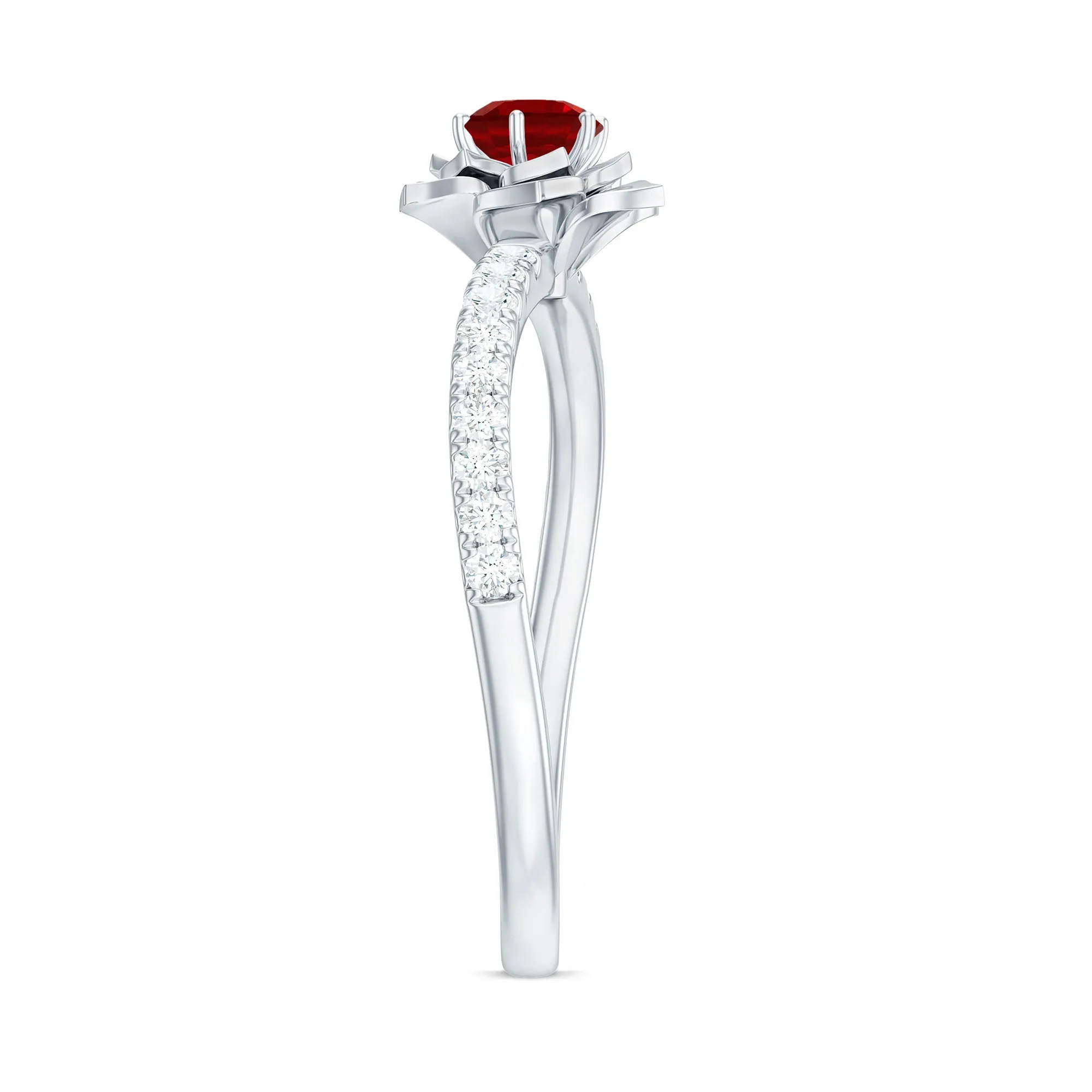 Lab-Created Ruby Flower Engagement Ring with Diamond