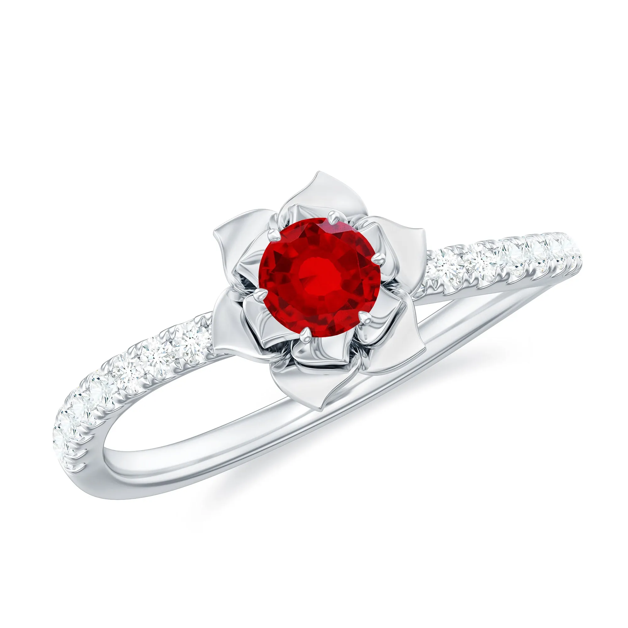 Lab-Created Ruby Flower Engagement Ring with Diamond