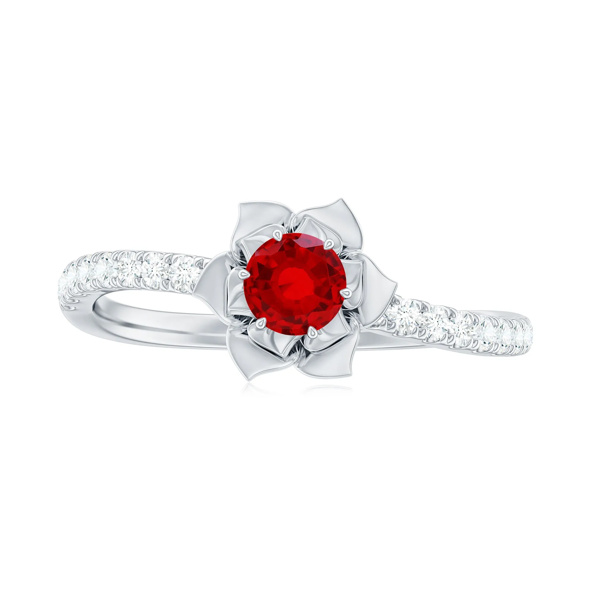 Lab-Created Ruby Flower Engagement Ring with Diamond