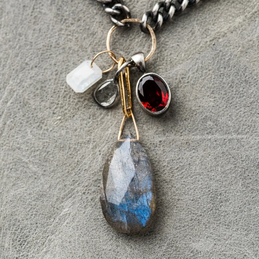 Labradorite Pear Necklace with Gem Cluster on Curb Chain