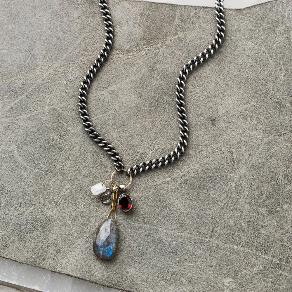 Labradorite Pear Necklace with Gem Cluster on Curb Chain