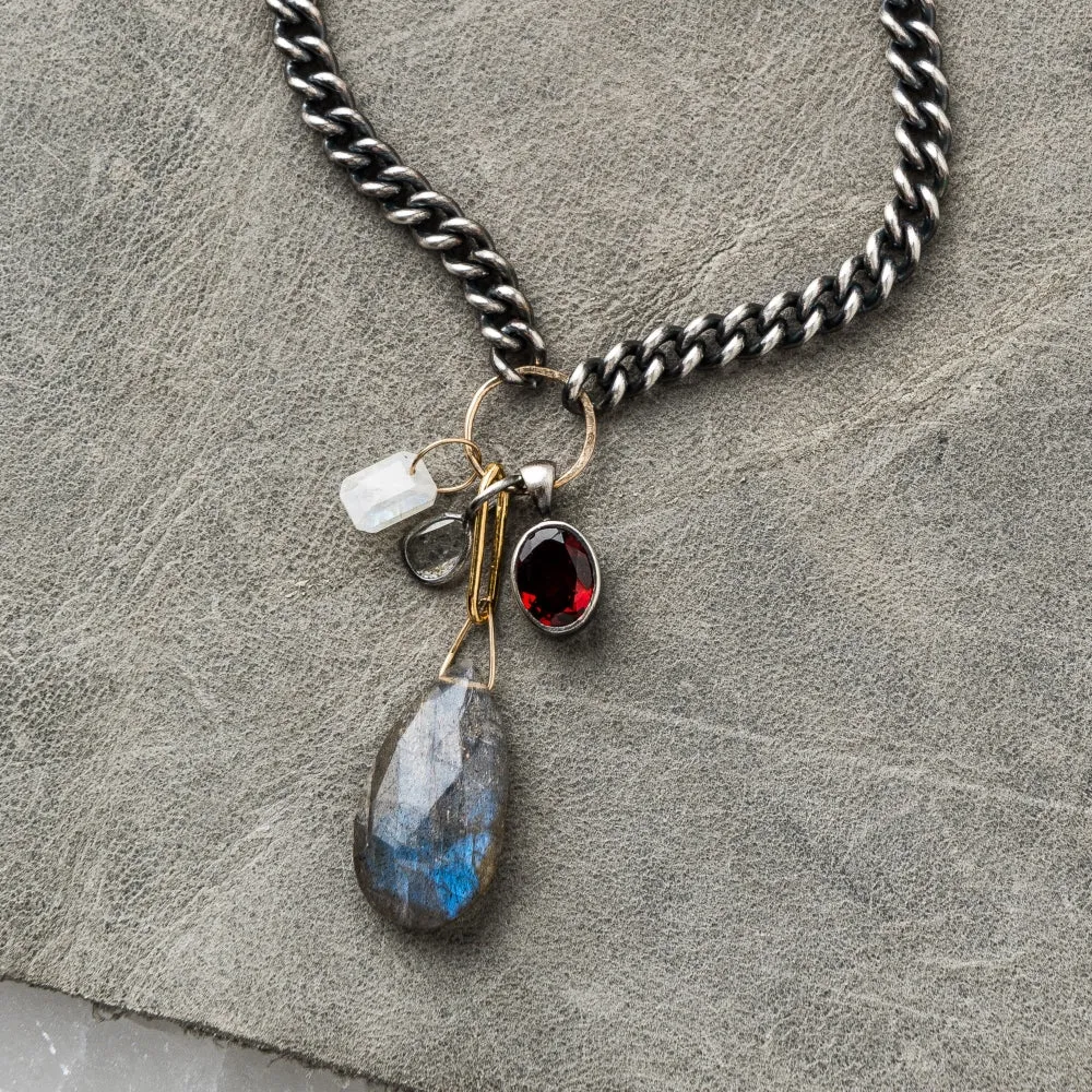 Labradorite Pear Necklace with Gem Cluster on Curb Chain