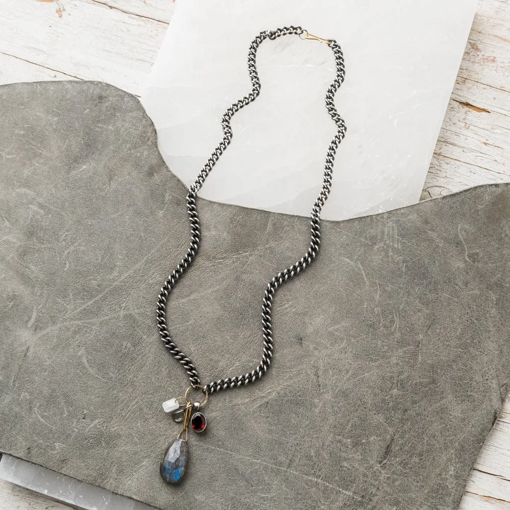 Labradorite Pear Necklace with Gem Cluster on Curb Chain