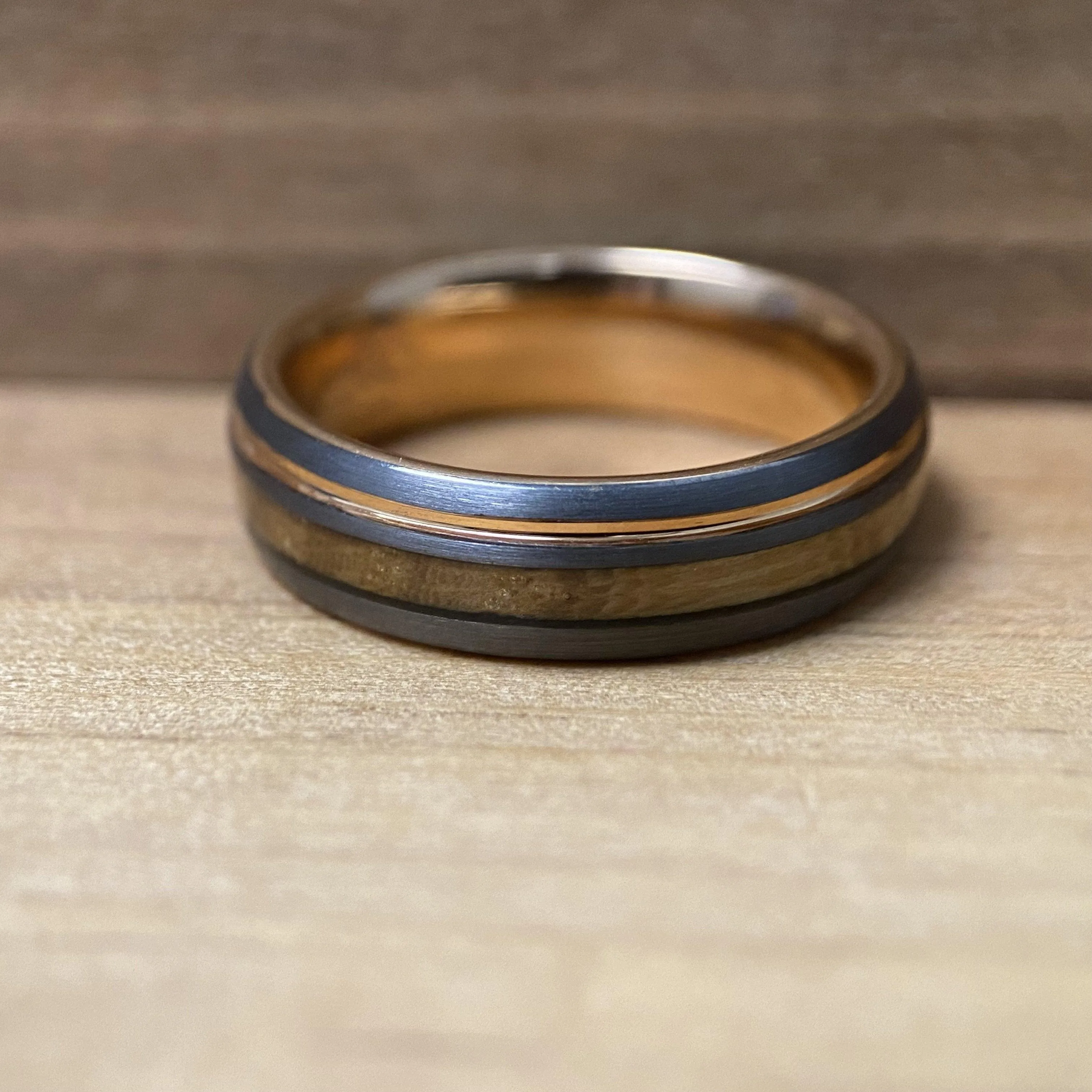 “Lady Rose” Tungsten Ring With Reclaimed Bourbon Barrel Wood And Rose Gold Color