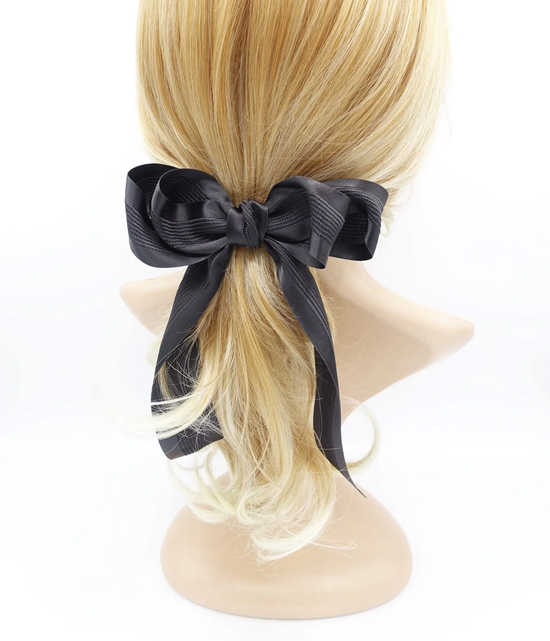 long tail layered hair bow corrugated stripe bow french hair barrette