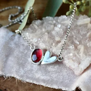 LOVE NOTES Garnet and Sculpted Heart sterling silver Necklace