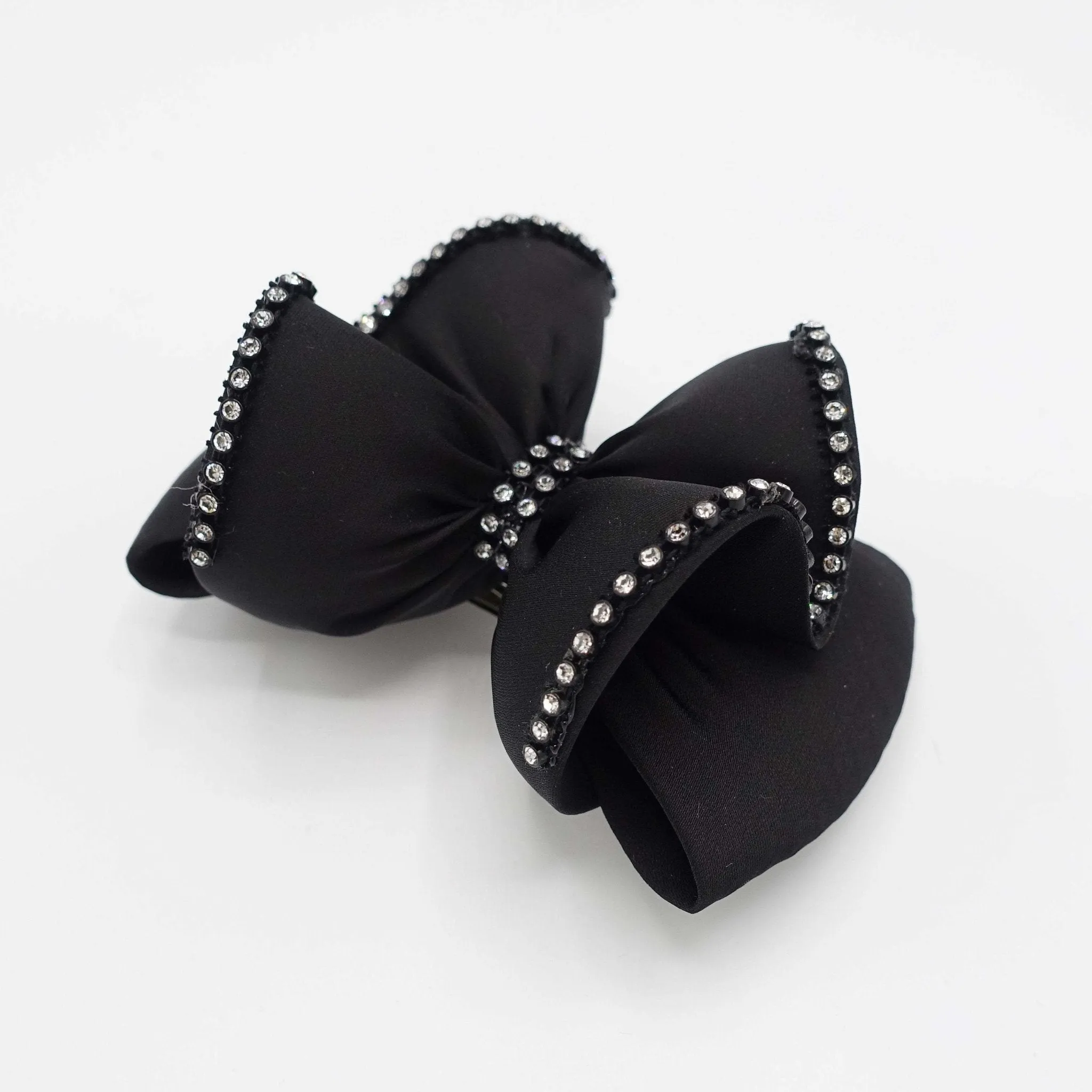 luxury rhinestone embellished black satin hair bow french barrette women hair accessories