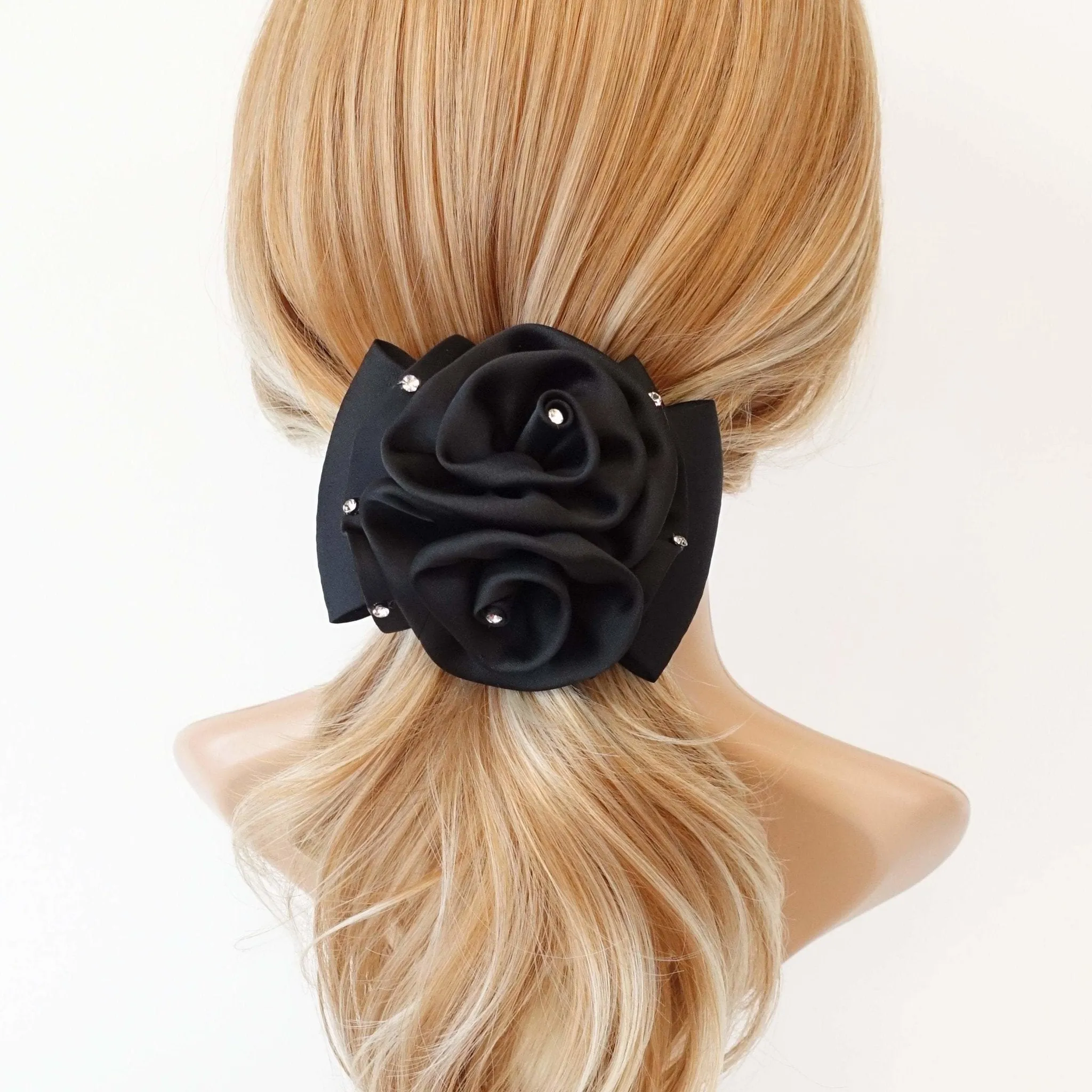 luxury rhinestone embellished black satin hair bow french barrette women hair accessories