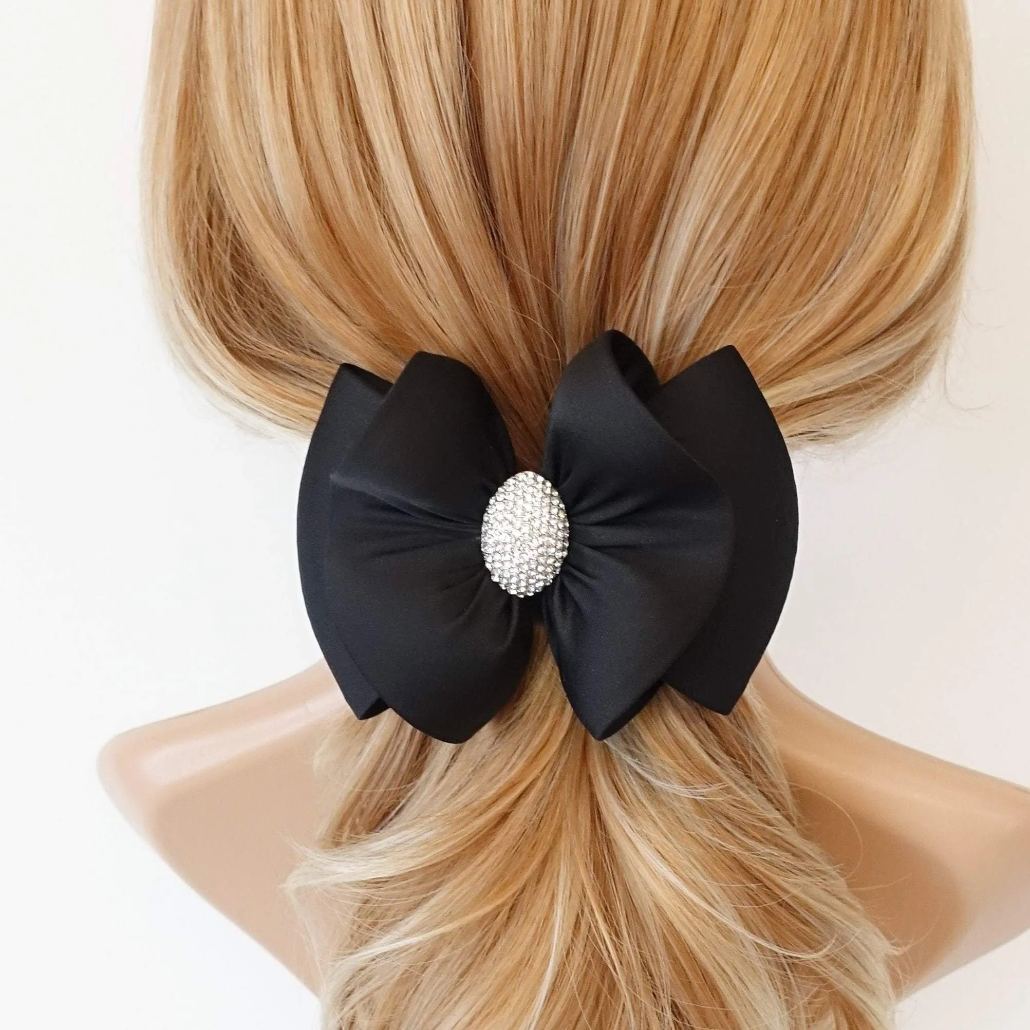 luxury rhinestone embellished black satin hair bow french barrette women hair accessories