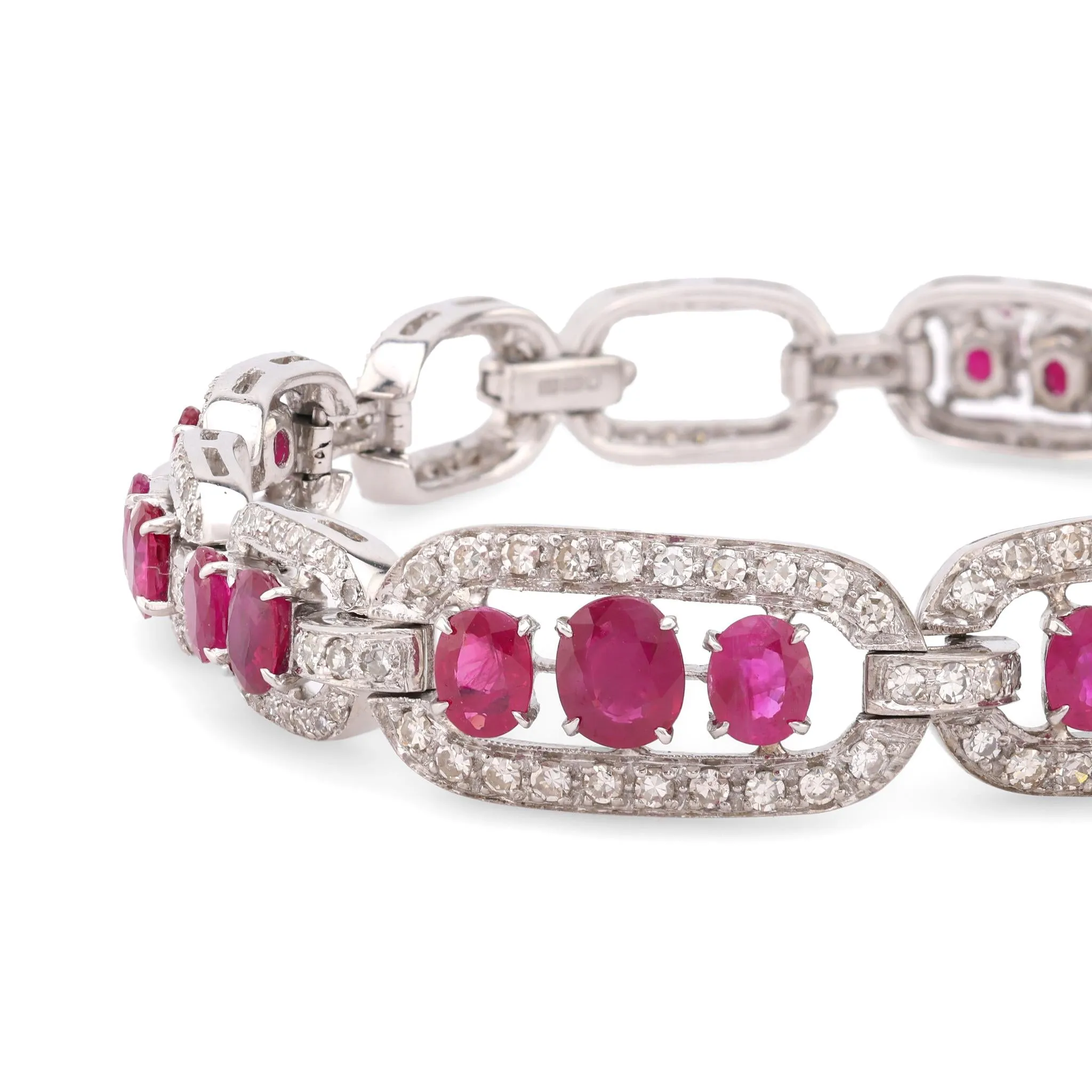 Mid Century GIA 8.2 Carat Total Weight Ruby Diamond 14K White Gold Bracelet