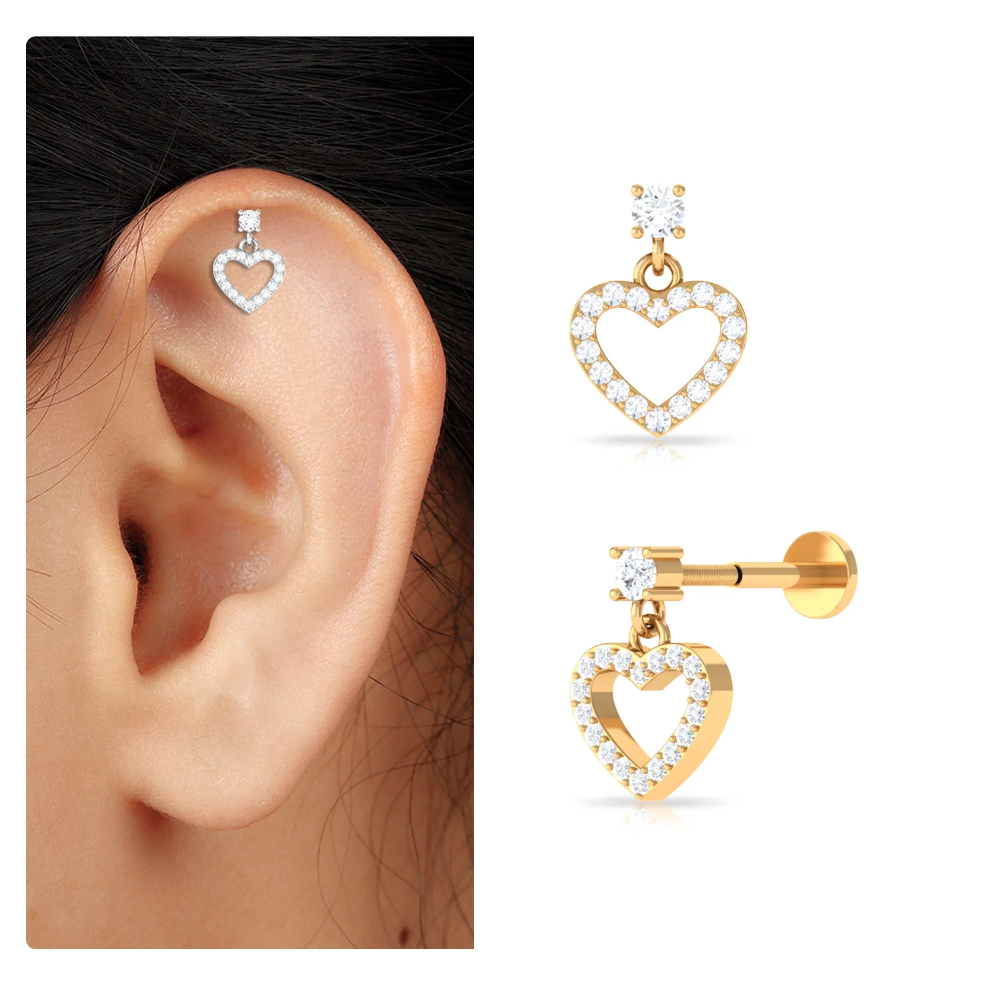 Moissanite Gold Heart Dangle Earring for Cartilage Piercing