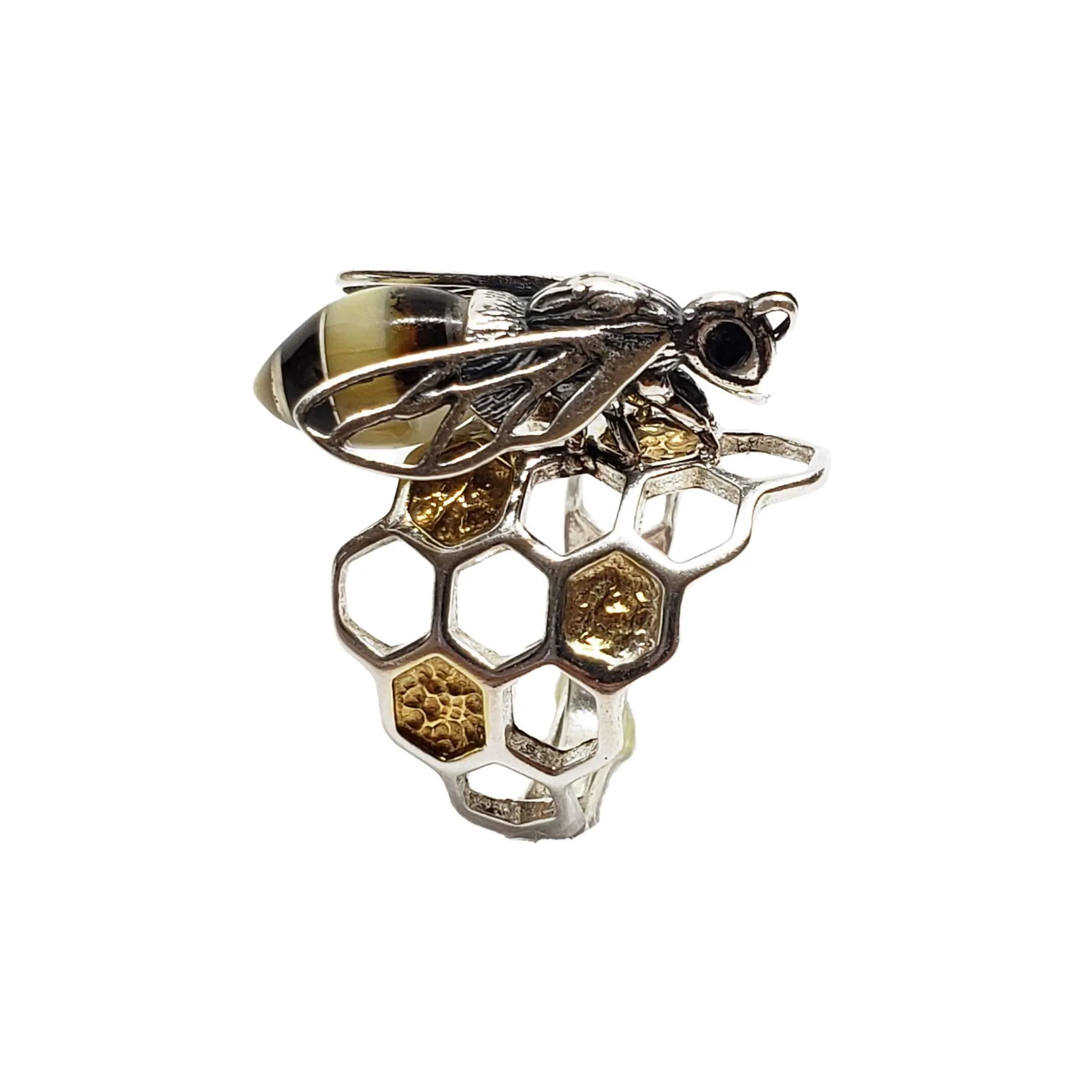 Multi Colour Amber Sterling Silver Bee Adjustable Ring