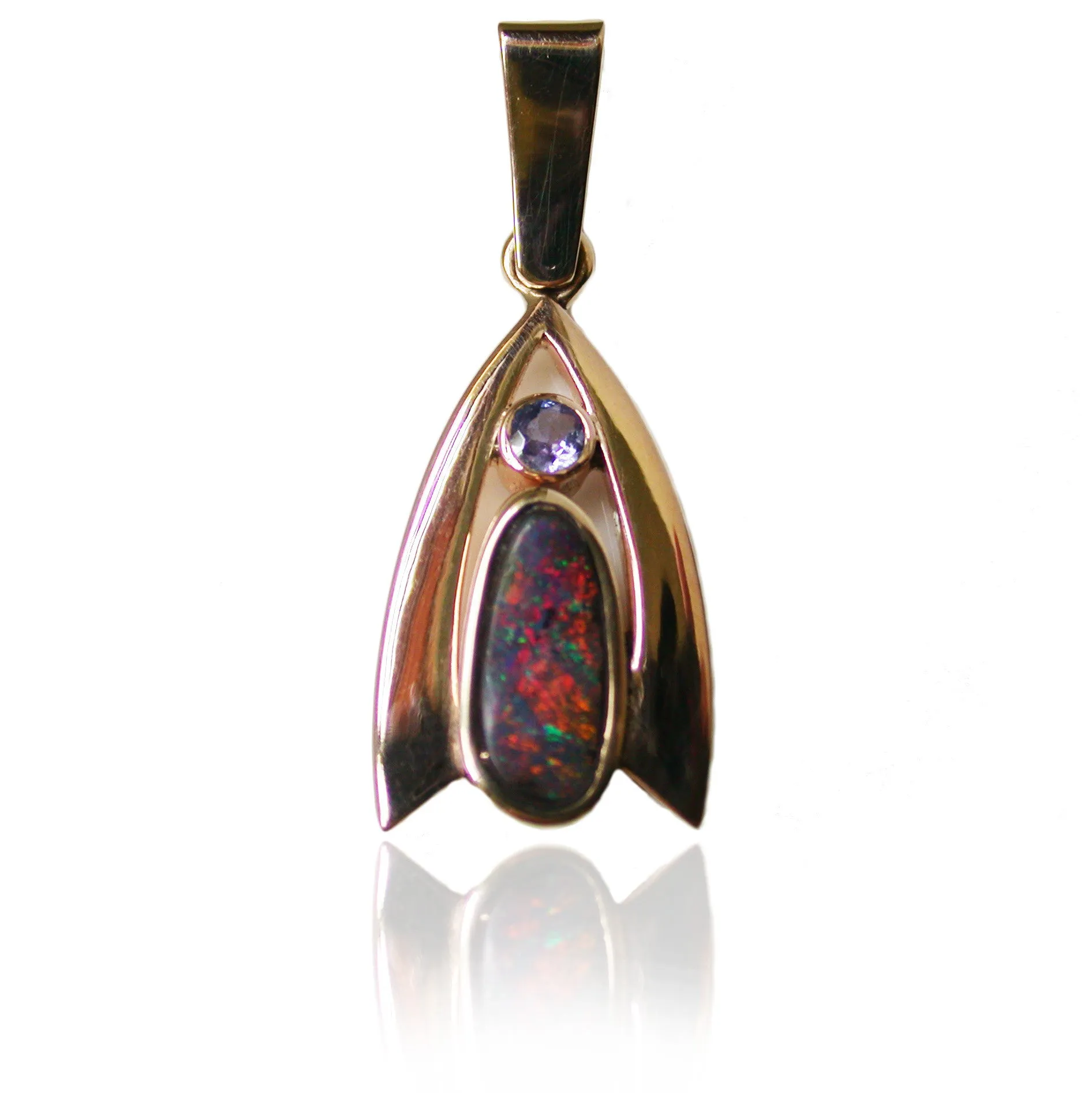 Multi coloured boulder opal and tanzanite 9k pendant