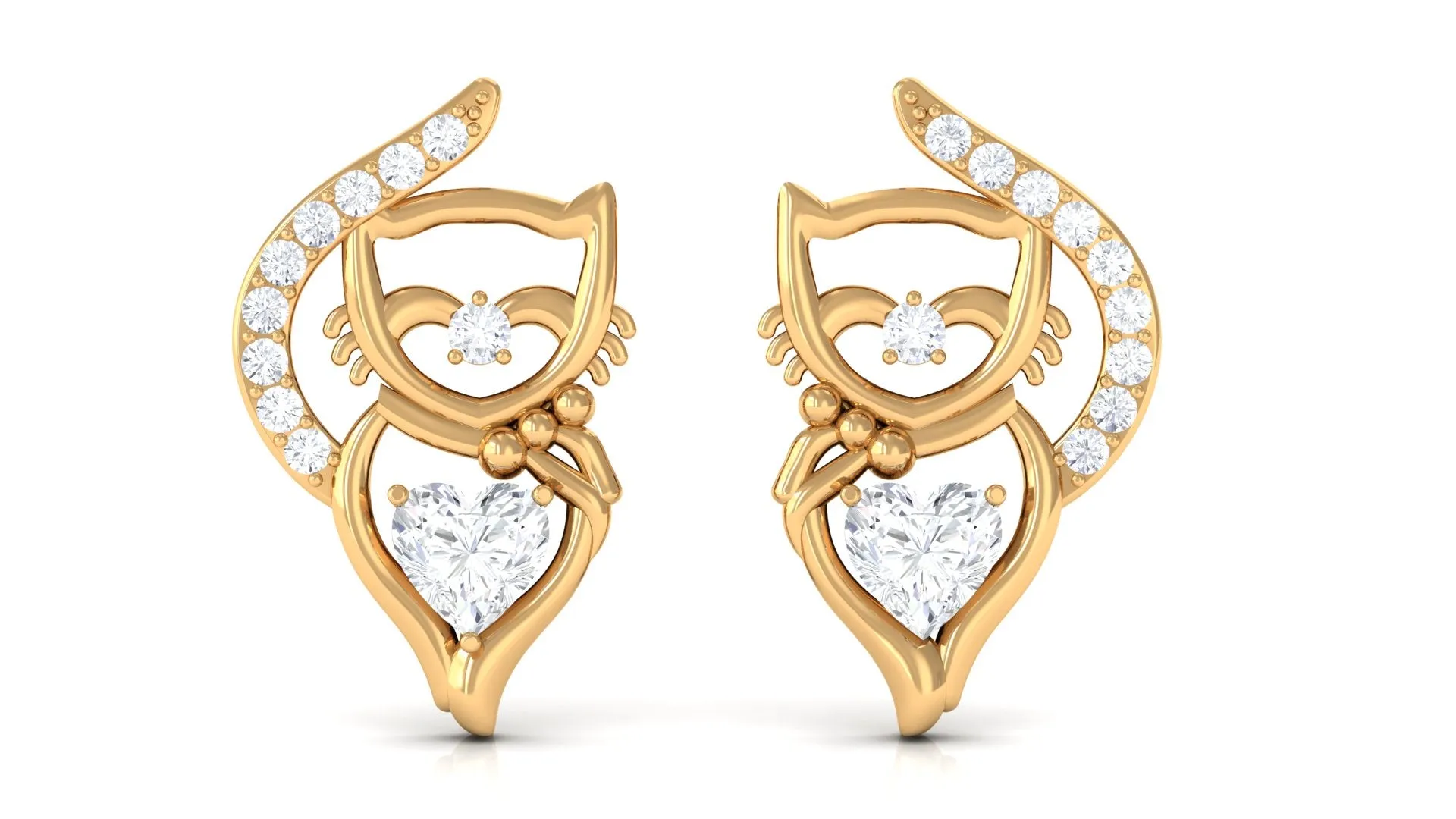 Natural Diamond Cat Stud Earrings with Screw Back