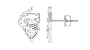 Natural Diamond Cat Stud Earrings with Screw Back