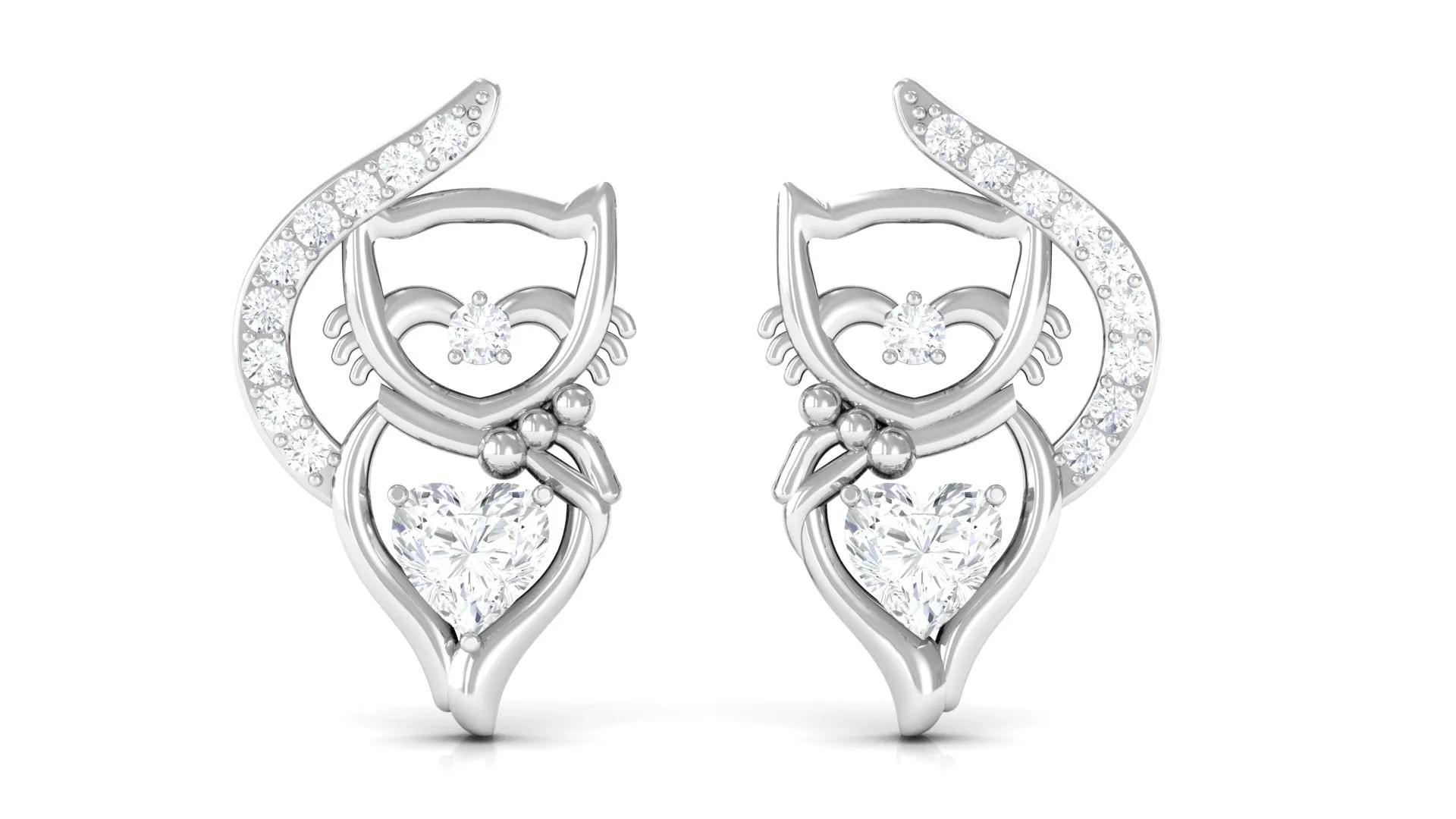 Natural Diamond Cat Stud Earrings with Screw Back