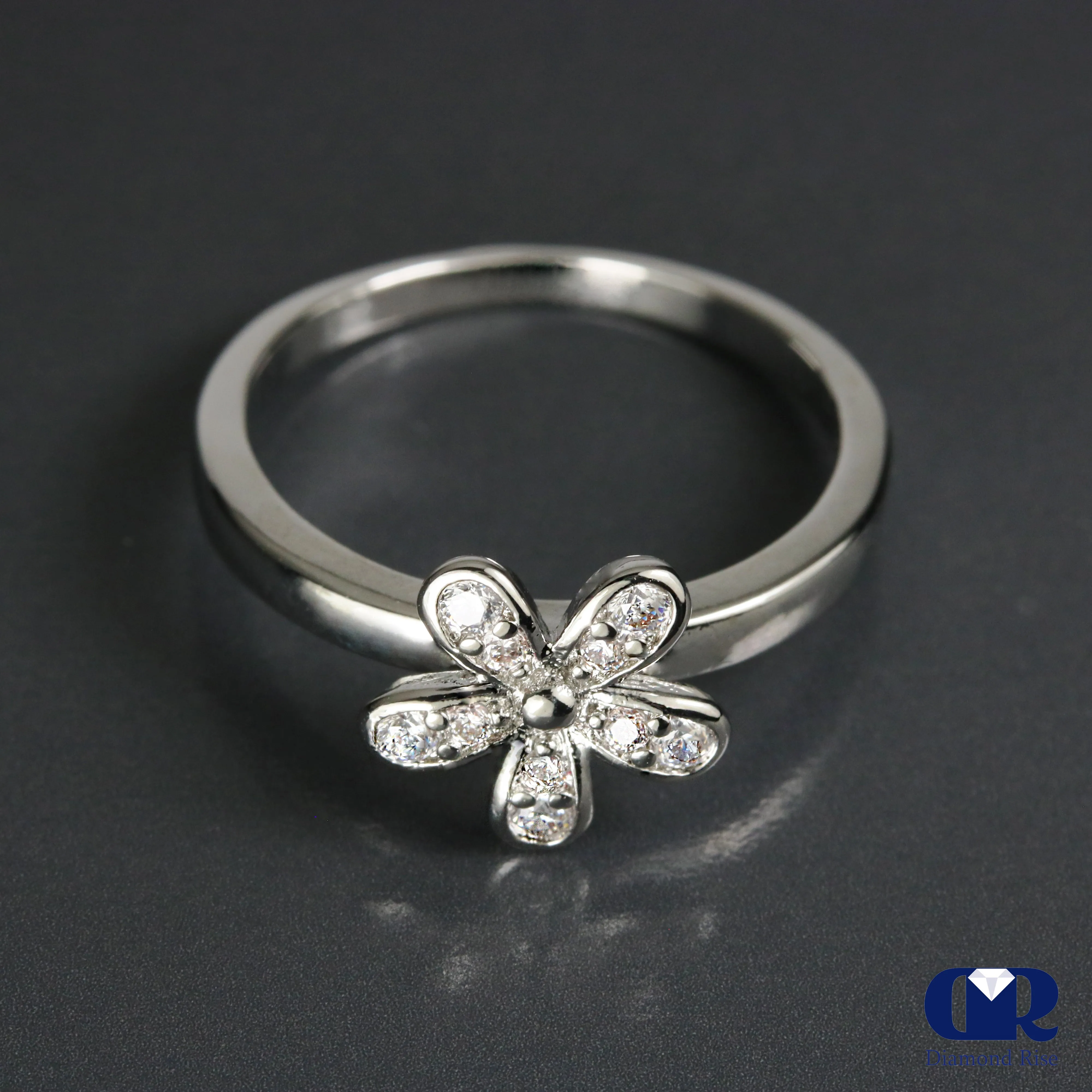 Natural Diamond Flower Ring In 14K White Gold