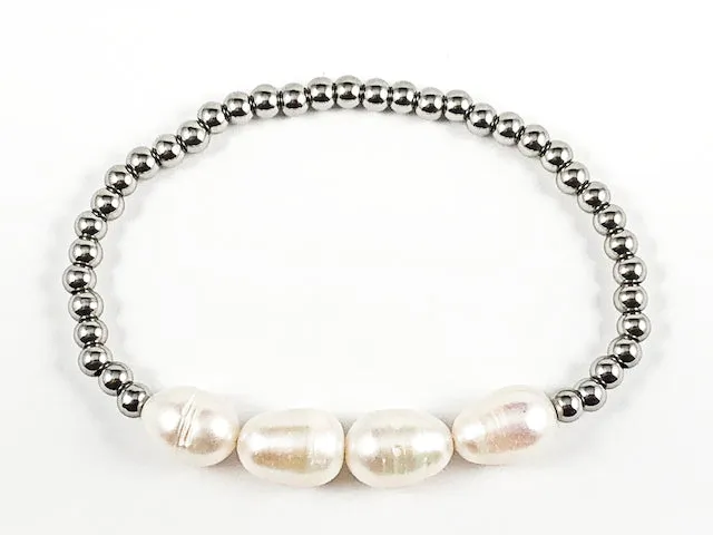 Nice 4 Piece Pearl With Silver Ball Bead Stretch Steel Bracelet