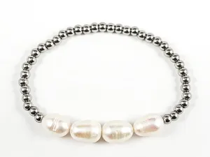 Nice 4 Piece Pearl With Silver Ball Bead Stretch Steel Bracelet