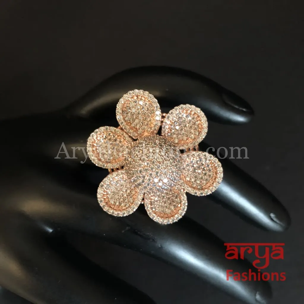 Numi CZ  Flower Cocktail Adjustable Ring, Rose Gold Silver Pink Statement  Ring