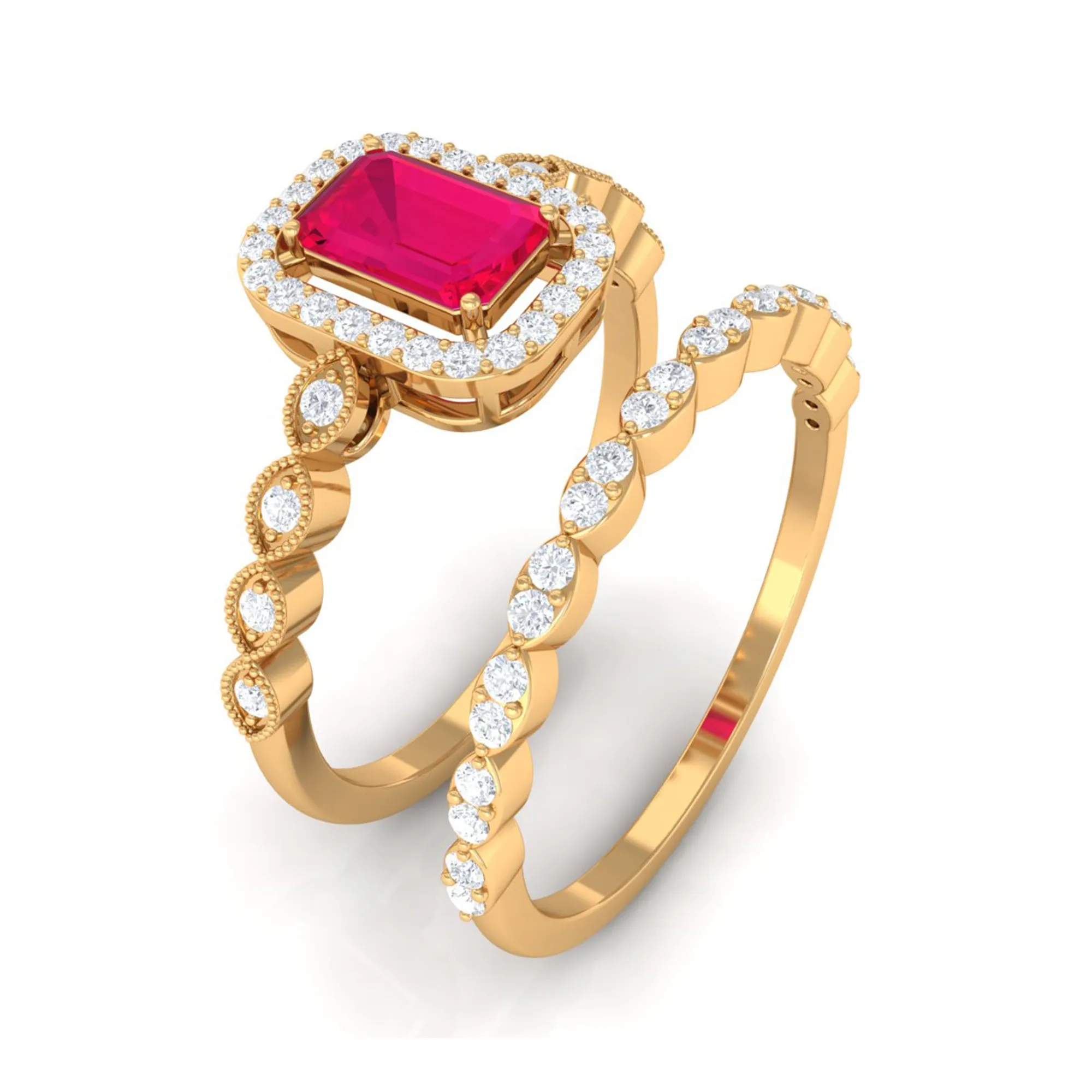 Octagon Cut Ruby and Diamond Designer Ring Set