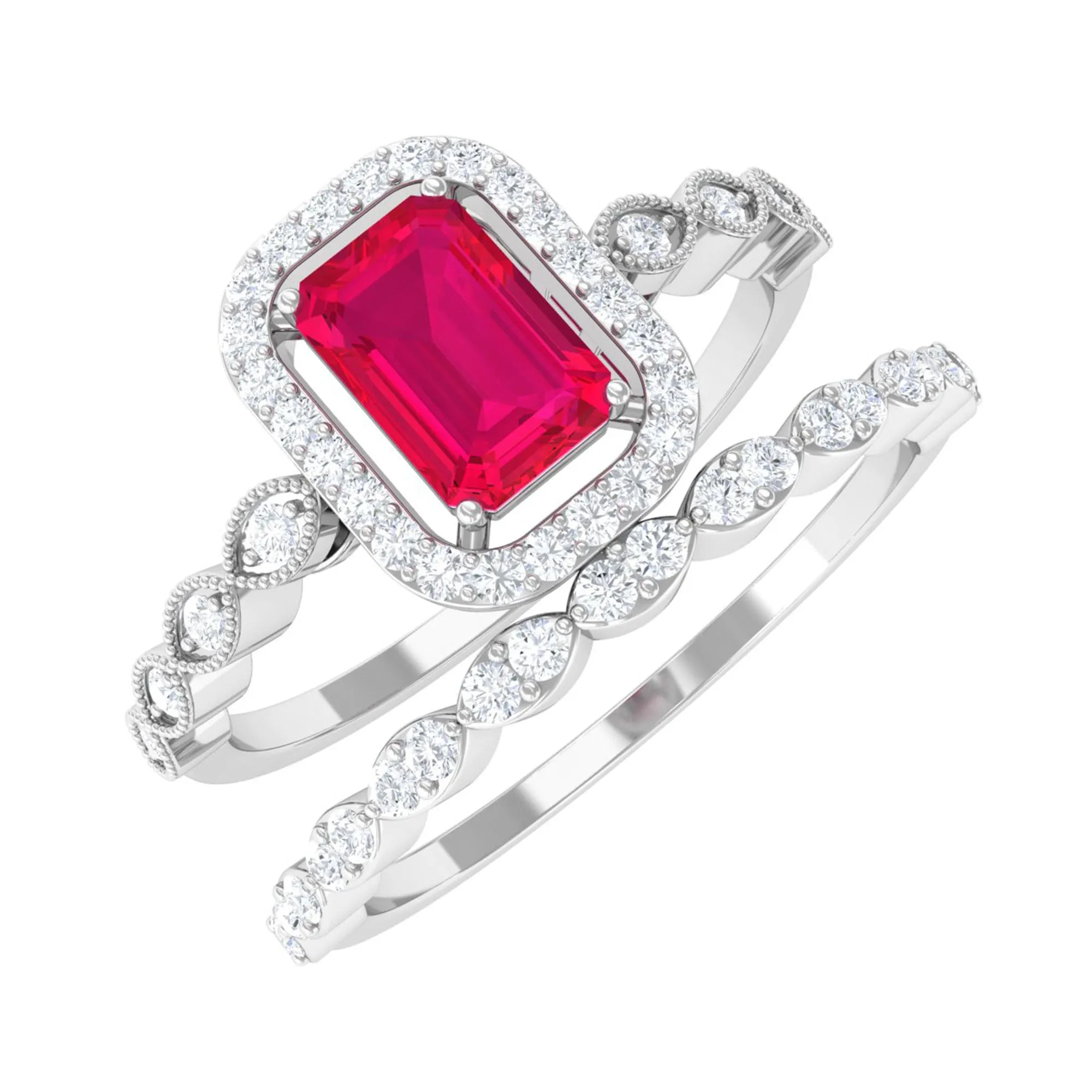 Octagon Cut Ruby and Diamond Designer Ring Set