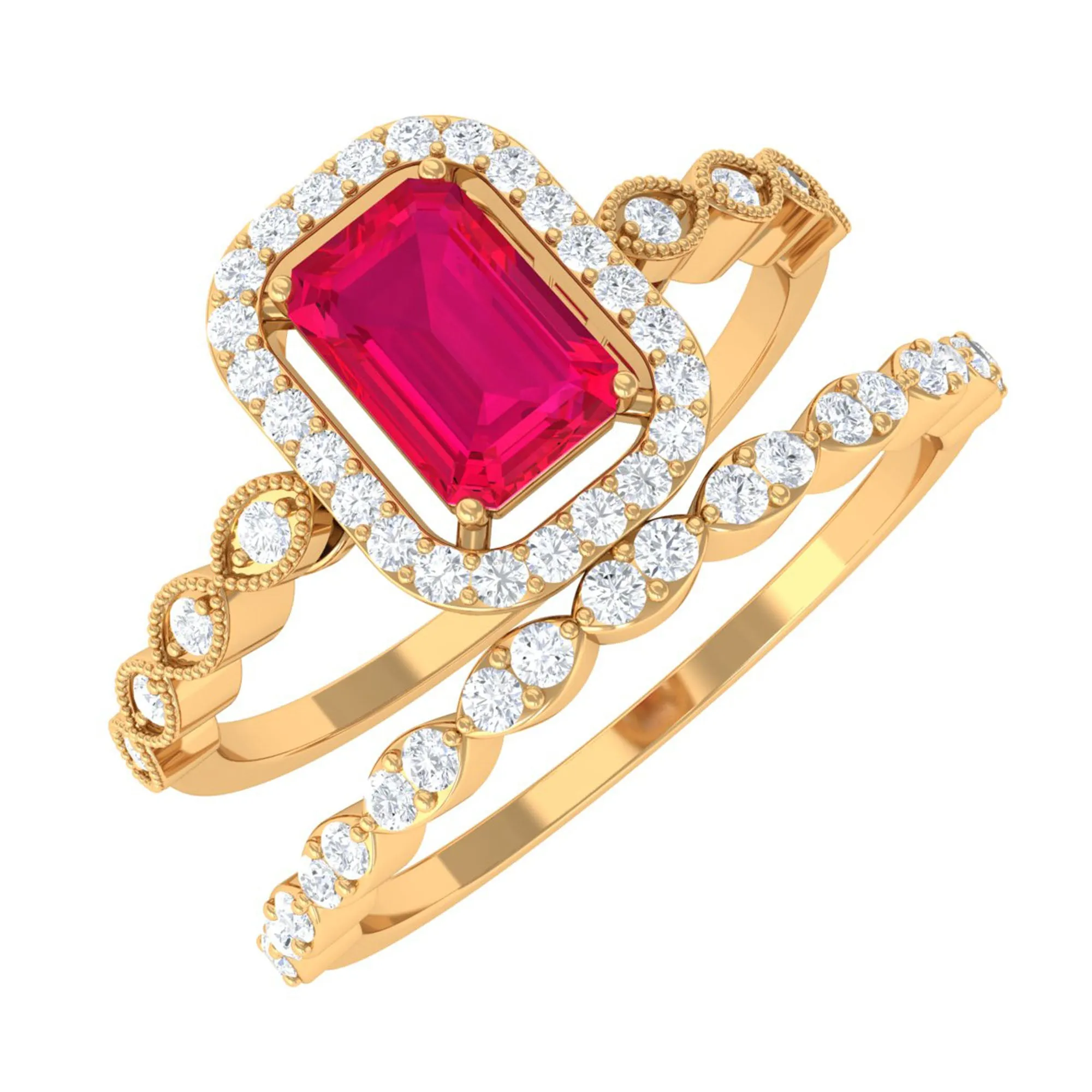 Octagon Cut Ruby and Diamond Designer Ring Set