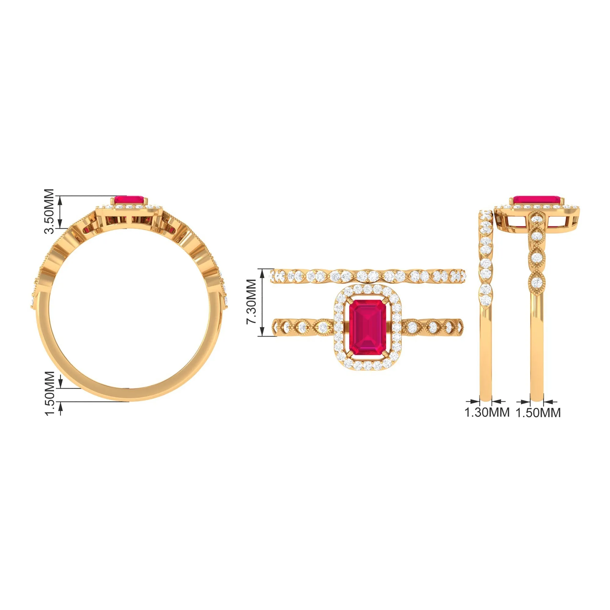 Octagon Cut Ruby and Diamond Designer Ring Set