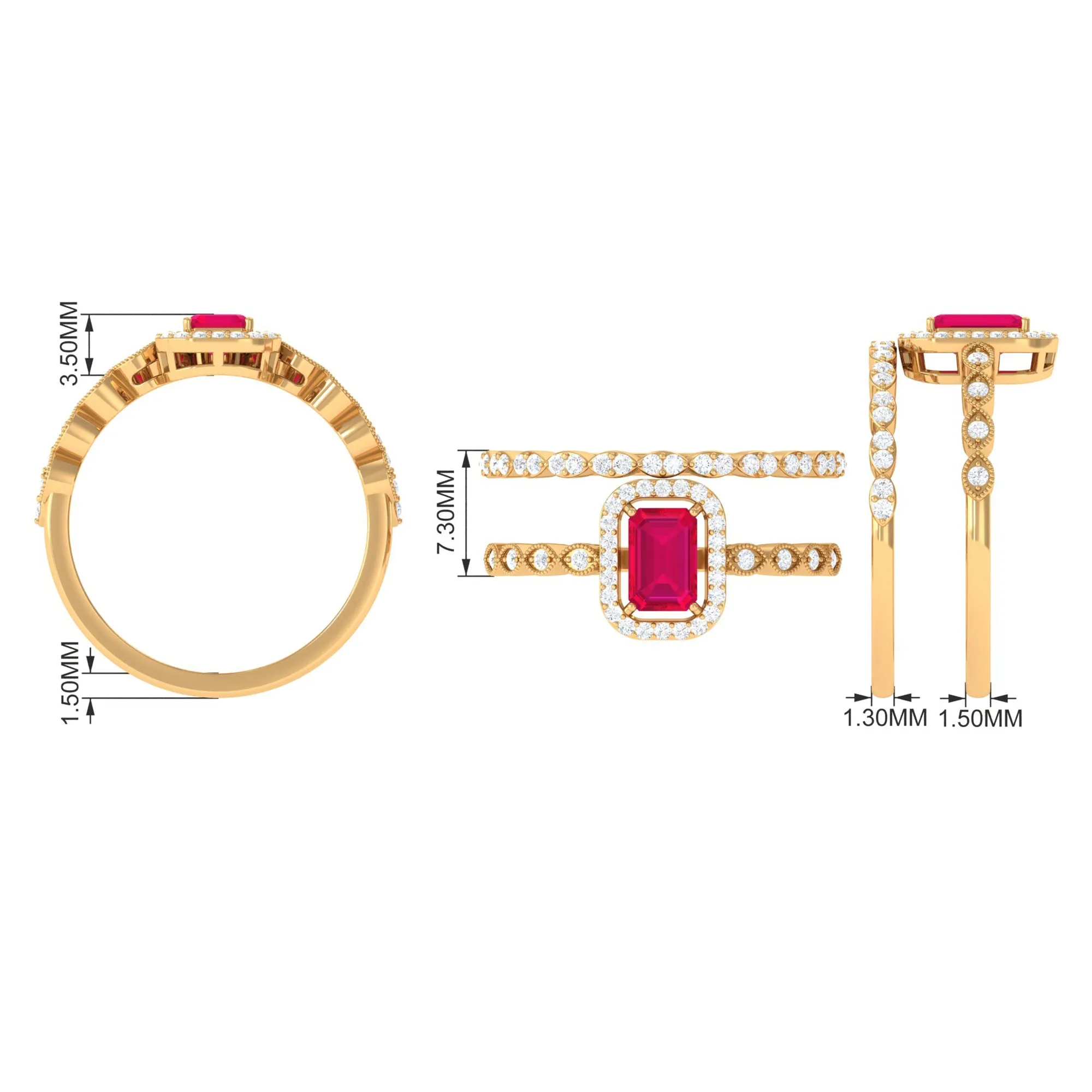 Octagon Cut Ruby and Diamond Designer Ring Set